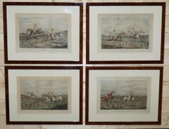 SET OF FOUR PRINTS BURR WALNUT FRAMES iN THE MANNER OF HENRY THOMAS ALKEN