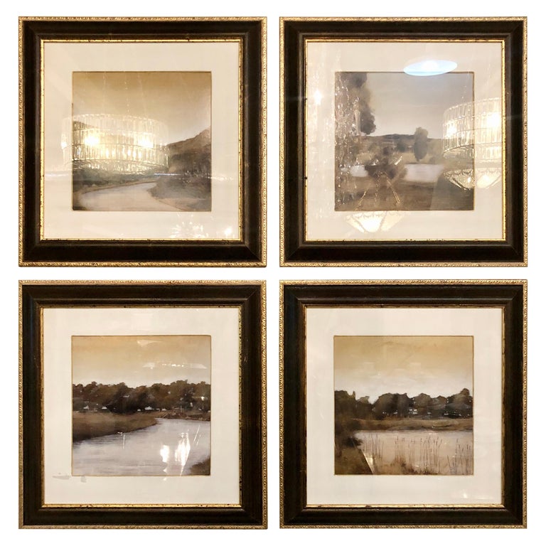 Set of Four Prints in Trowbridge Gallery Frames, Lake and River Scenes For Sale