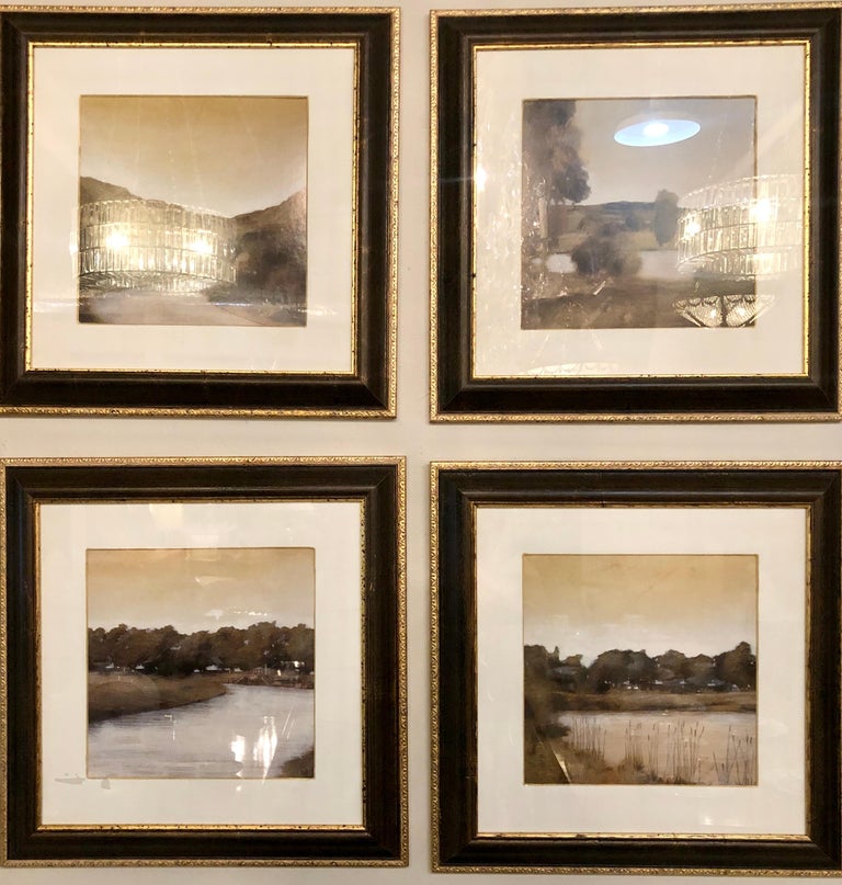 Set of four prints in Trowbridge frames. Lake and river scenes. Each finely ebony and parcel-gilt decorated frame displays a wonderful print that is matted and laid under glass. A very sweet decorative group of pictures that are sure to add charm to