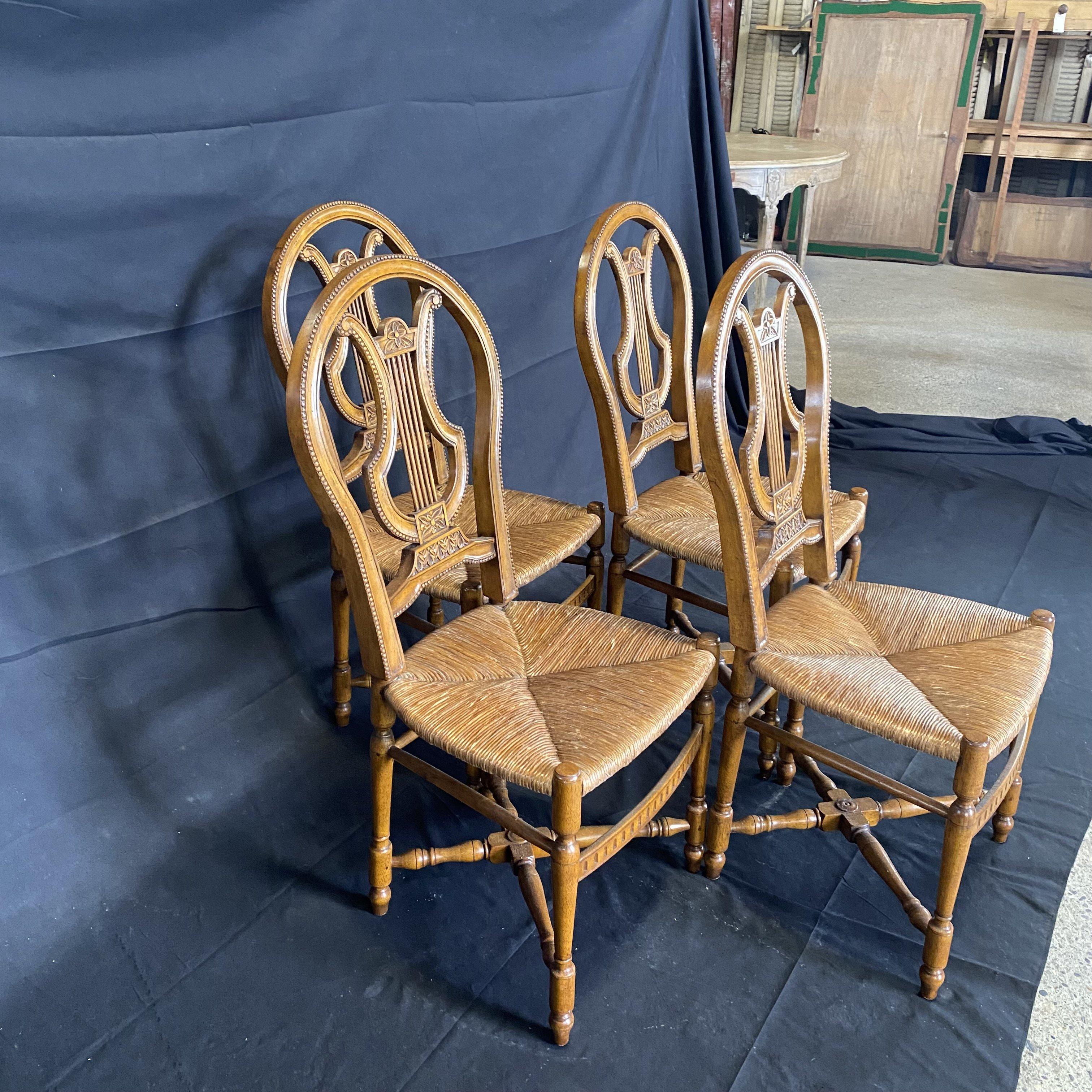 Set of Four Provincial French Lyre Back Rush Seat Carved Walnut Chairs 6