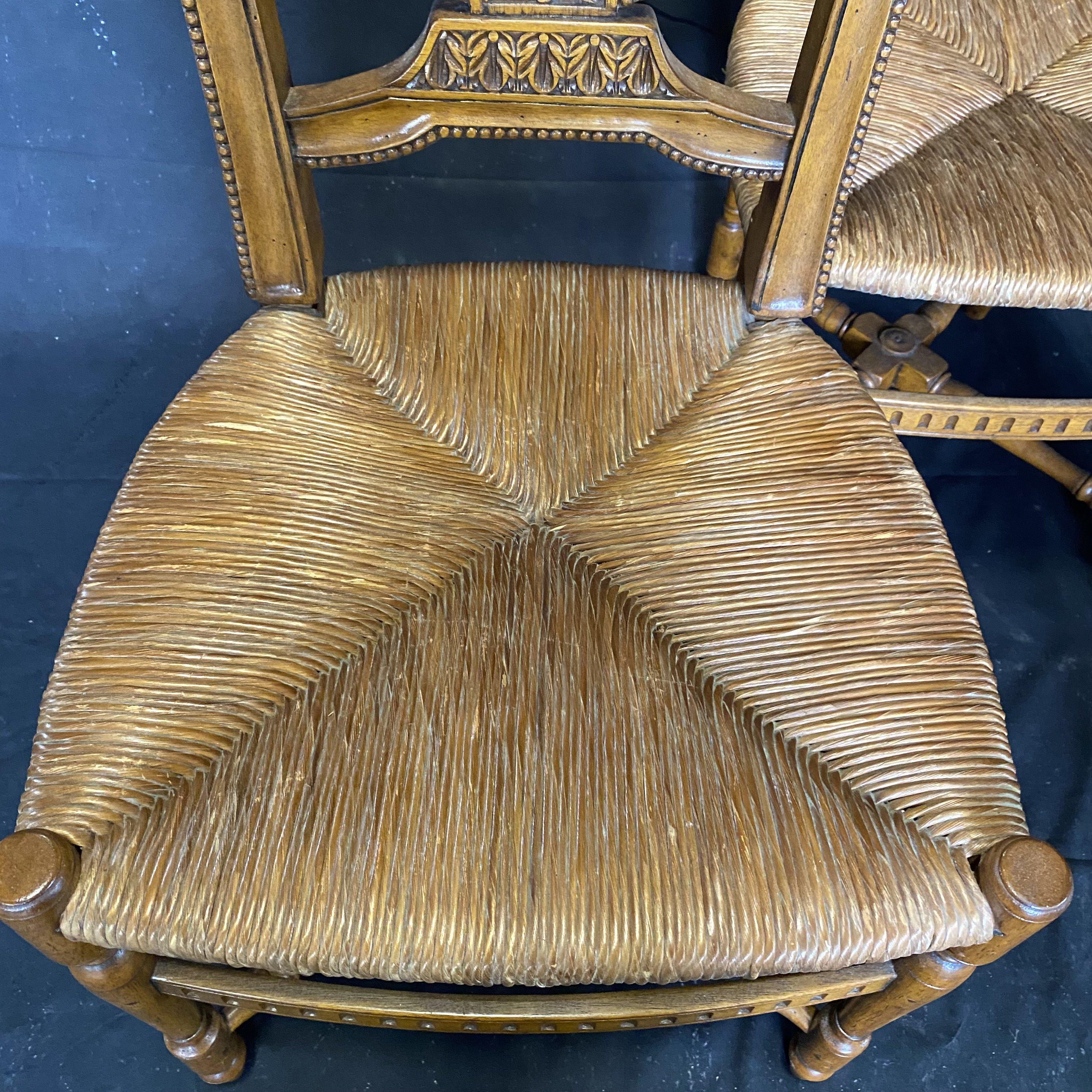 Set of Four Provincial French Lyre Back Rush Seat Carved Walnut Chairs 8