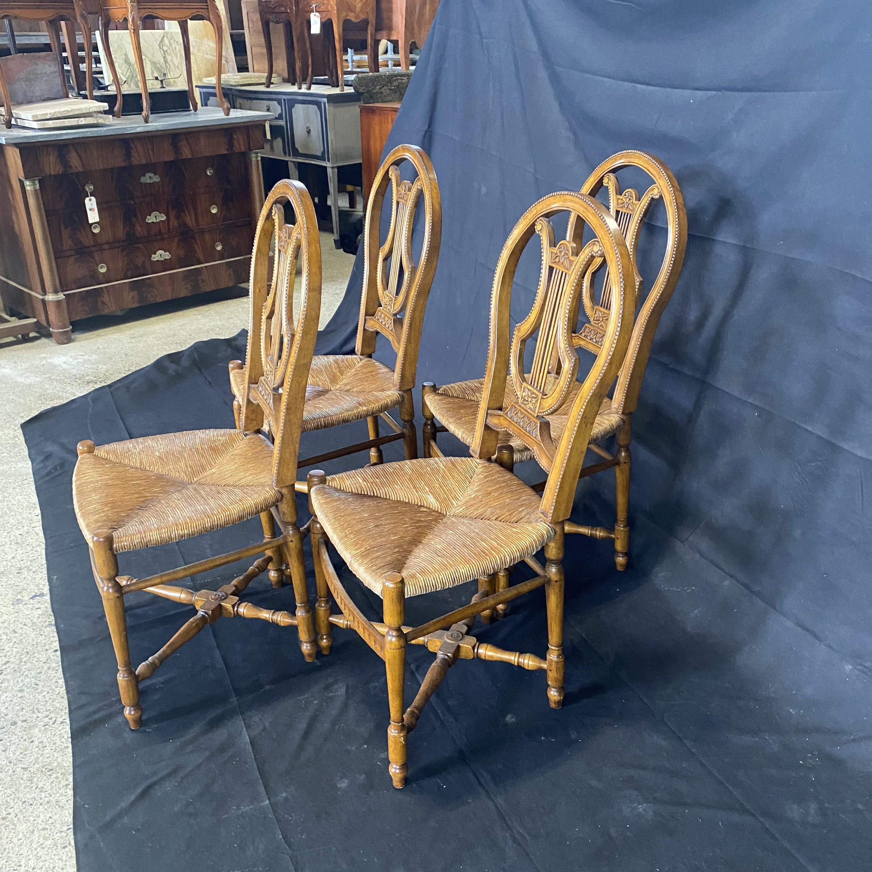 French Provincial Set of Four Provincial French Lyre Back Rush Seat Carved Walnut Chairs