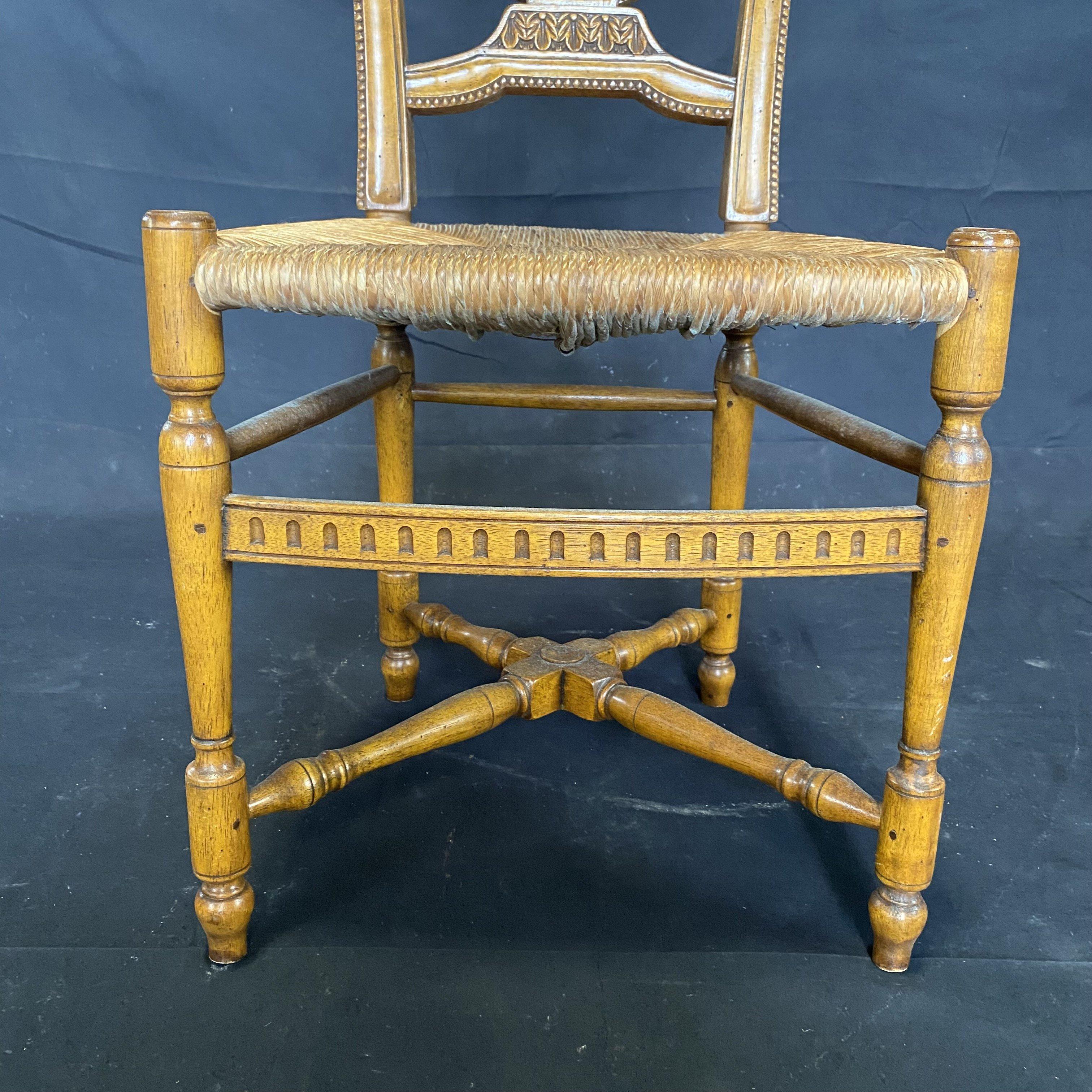 19th Century Set of Four Provincial French Lyre Back Rush Seat Carved Walnut Chairs