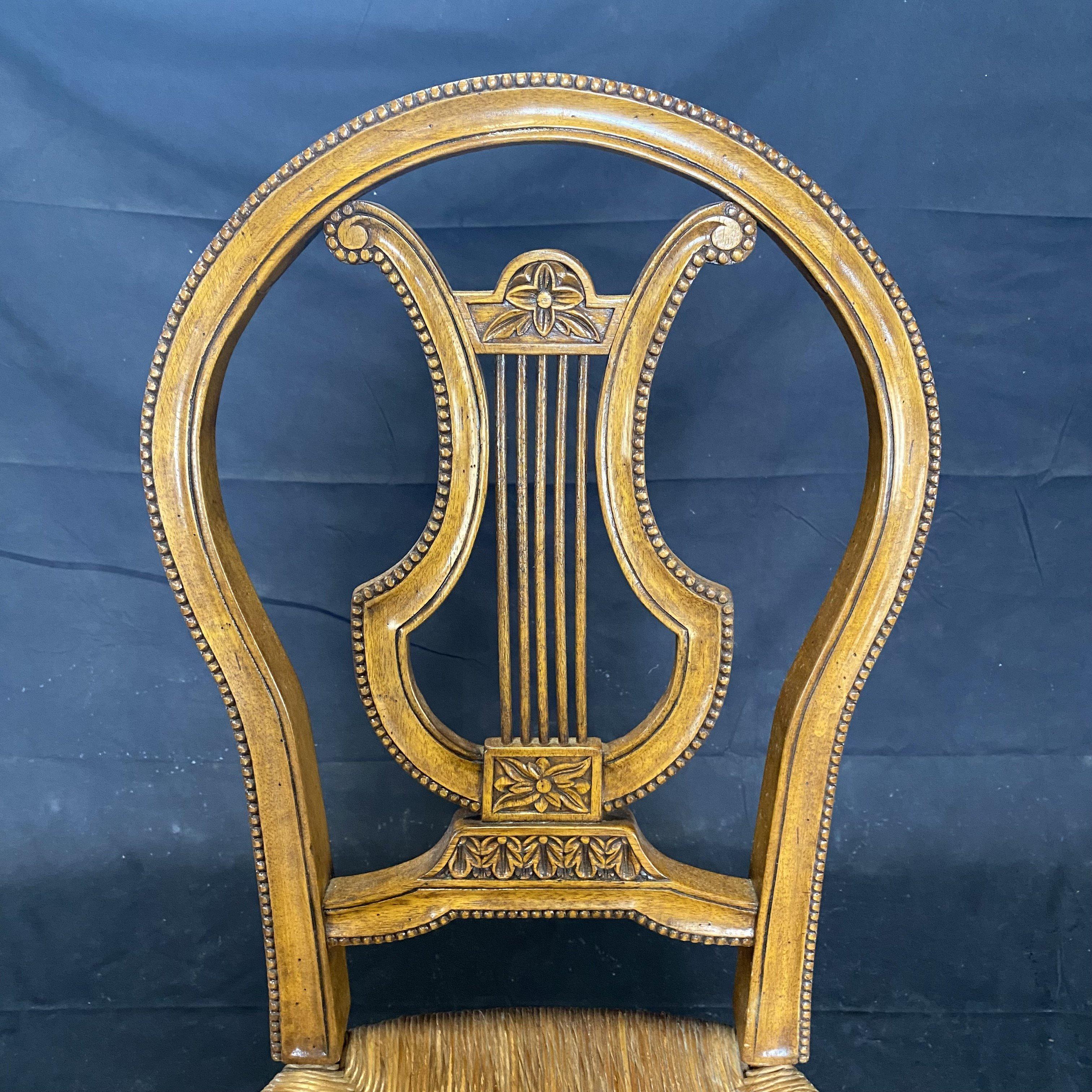 Set of Four Provincial French Lyre Back Rush Seat Carved Walnut Chairs 2