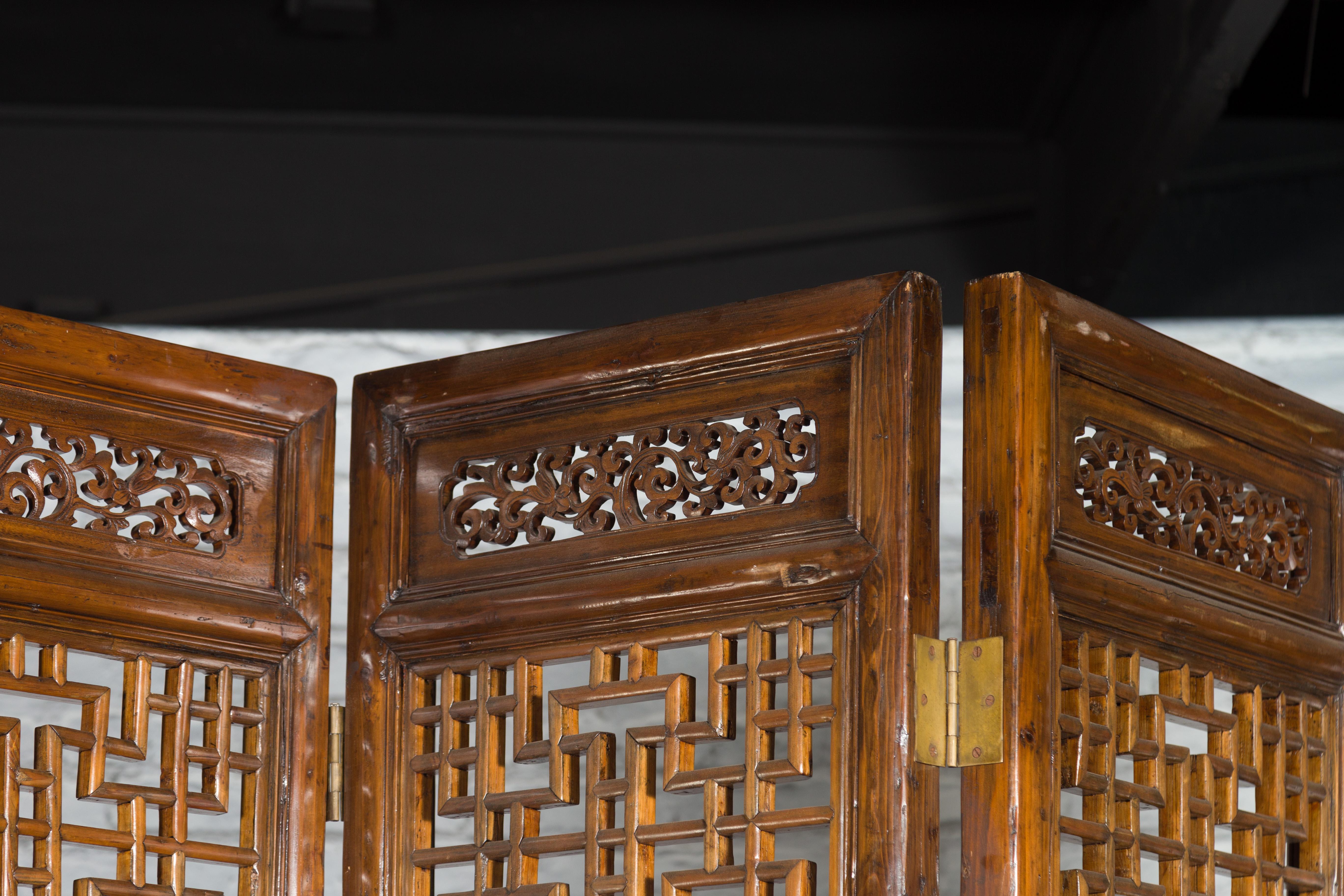 Wood Set of Four Qing Dynasty Elmwood Open Fretwork Panels with Delicate Carvings For Sale