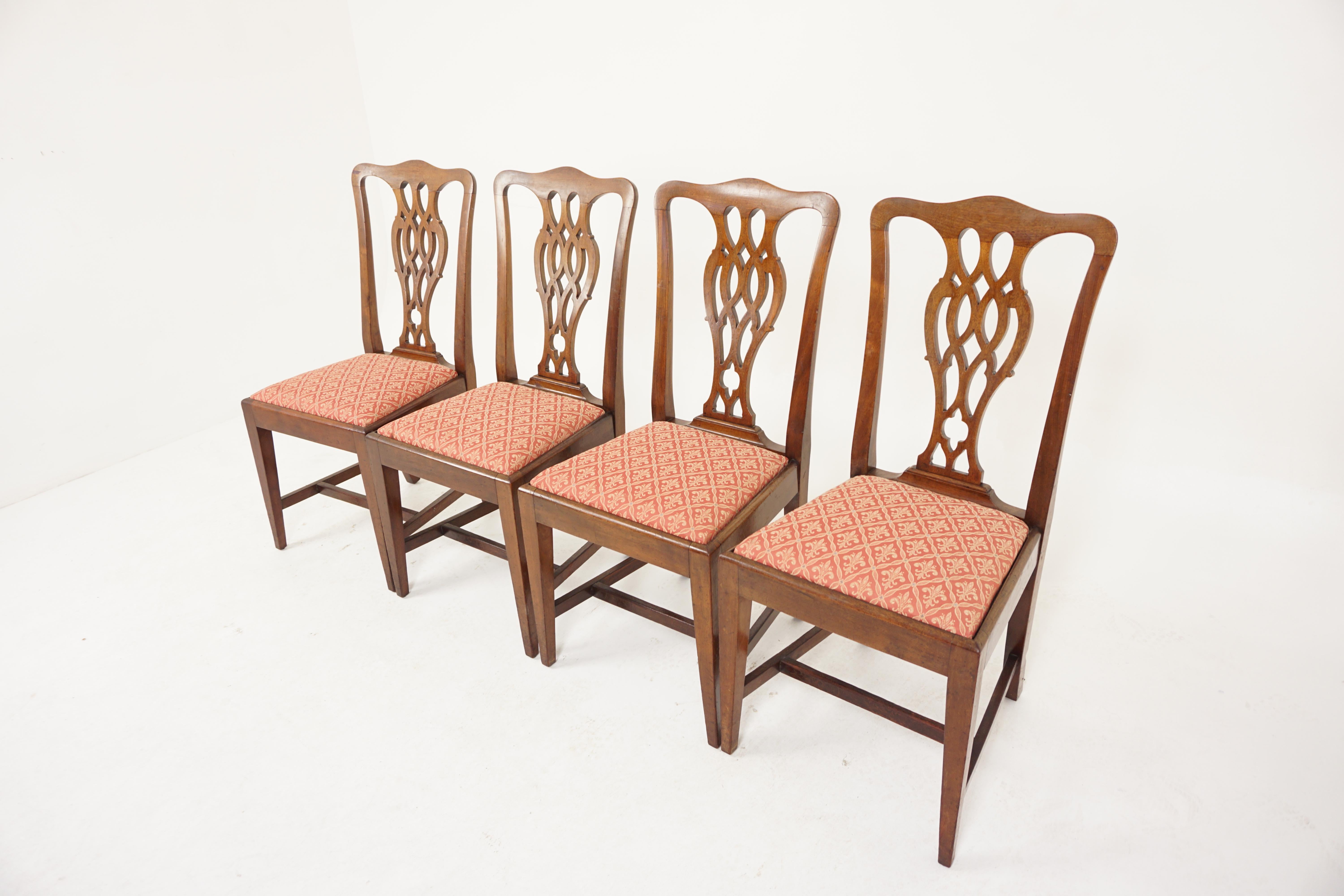 Set of four quality Chippendale style walnut dining chairs, Scotland 1920, H759

Scotland 1920
Solid walnut
Original finish

Shaped top with a pierced back splat
With large comfortable drop upholstered seats
All standing on square tapered