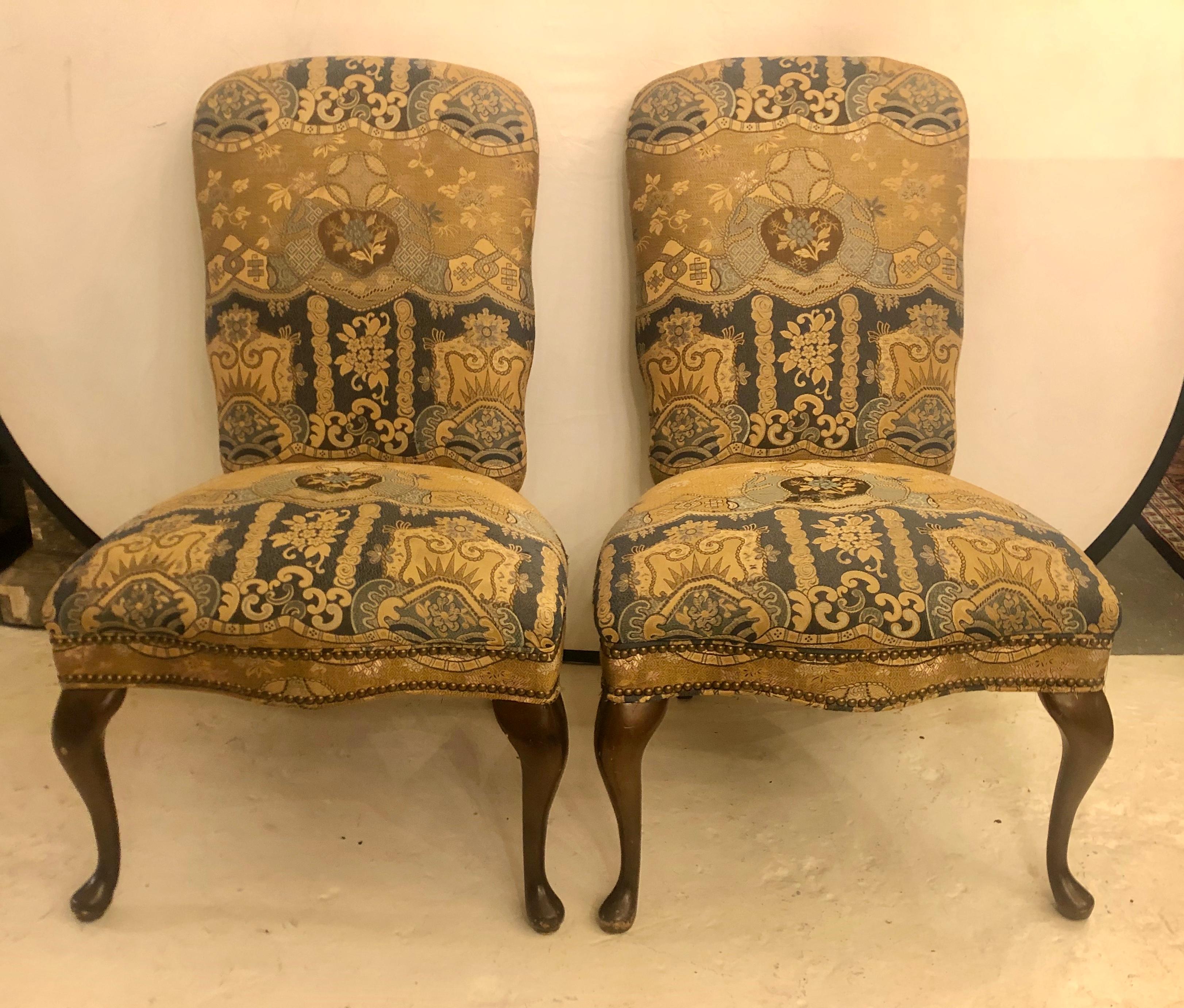 Set of four upholstered high back dining chairs. These strong and sturdy Queen Anne dining chairs are priced to sell immediately. Nicks and some scratches to the legs.