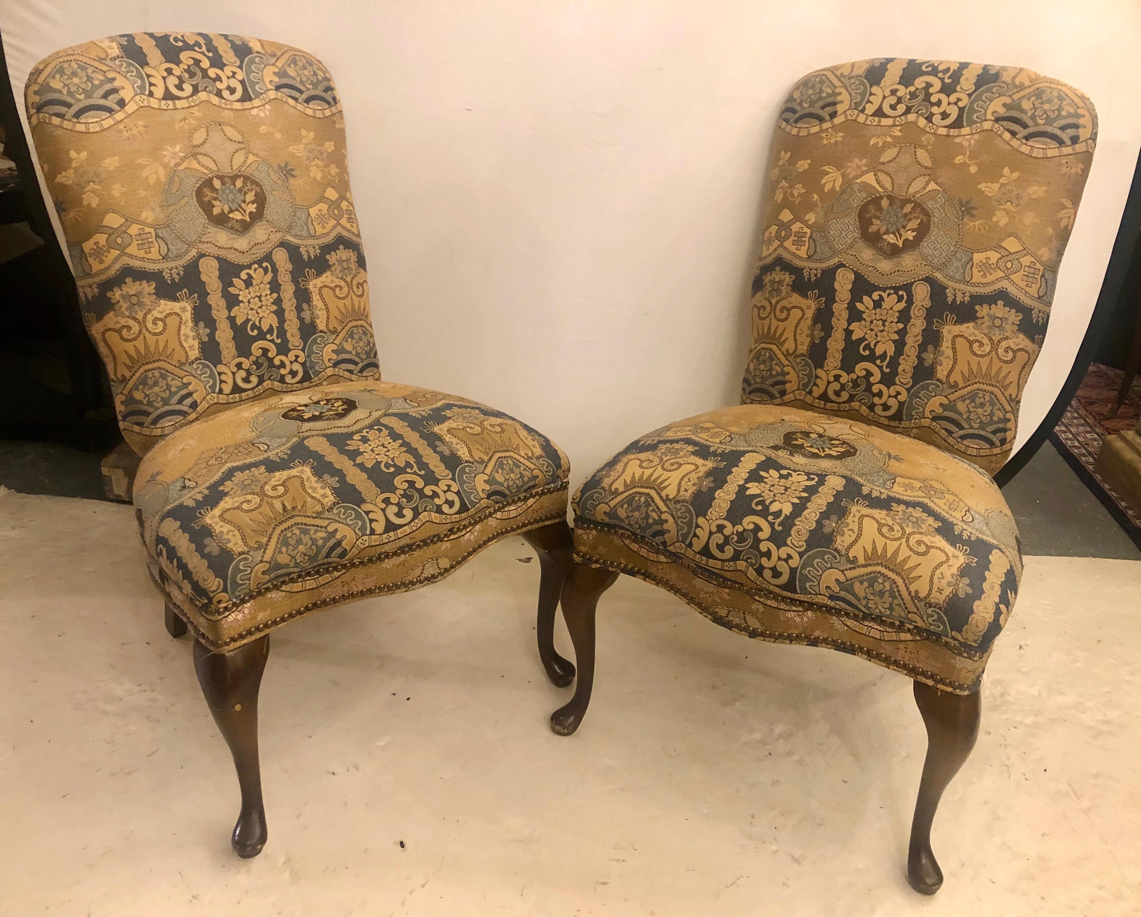 Fabric Set of Four Queen Anne High Back Dining Chairs