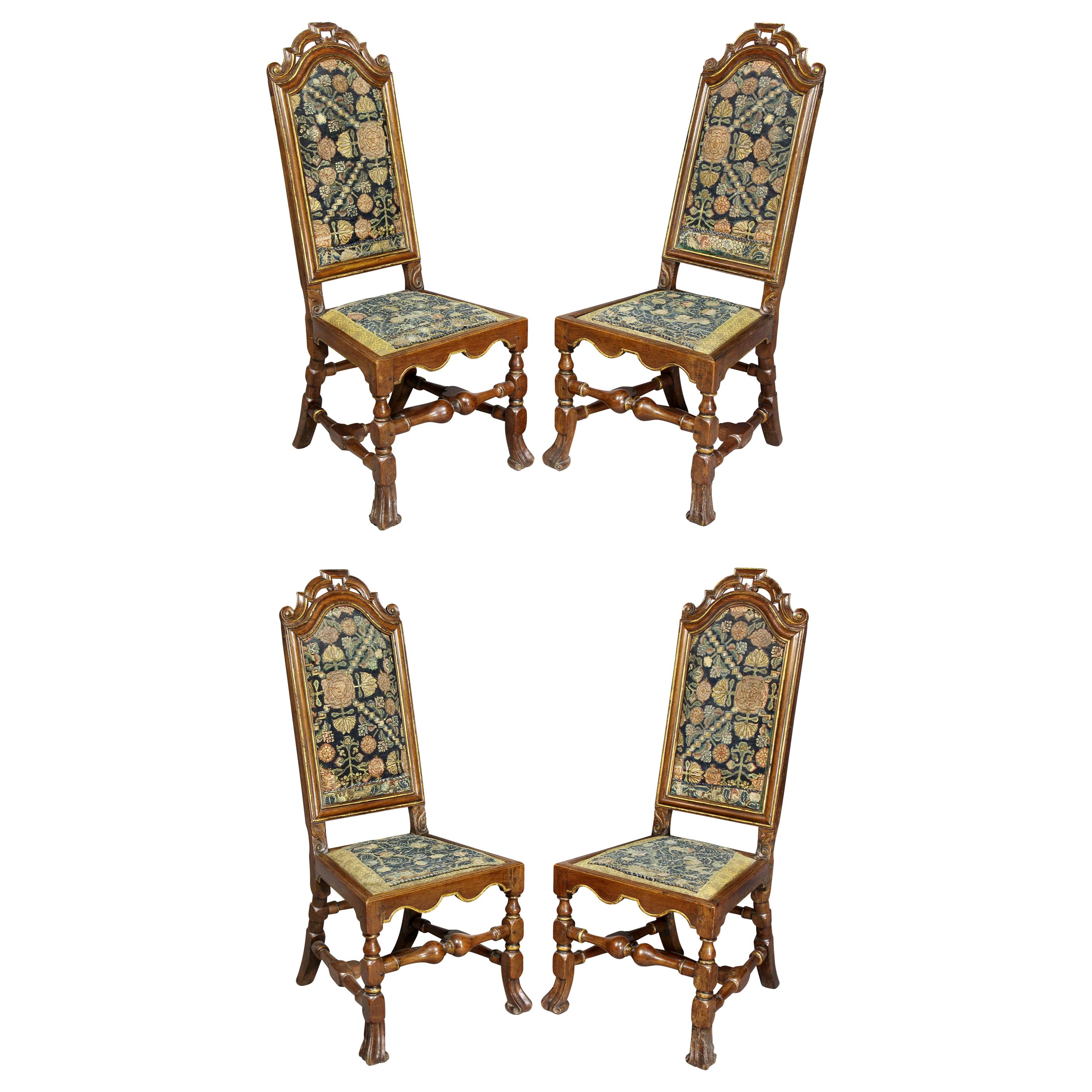 Set of Four Queen Anne Walnut and Parcel Gilt Side Chairs