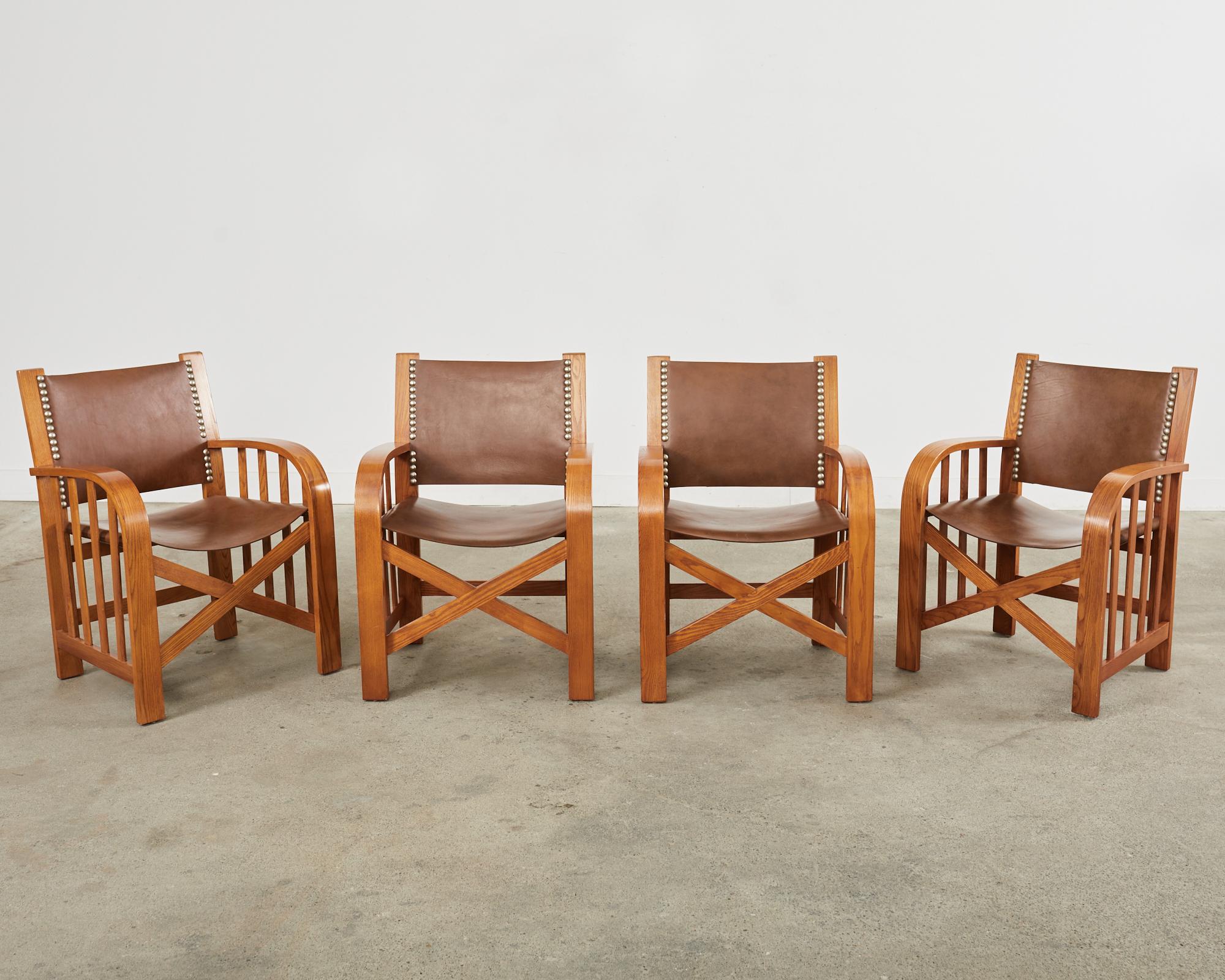 American Set of Four Ralph Lauren Shelter Sky Ash Leather Sling Dining Chairs  For Sale