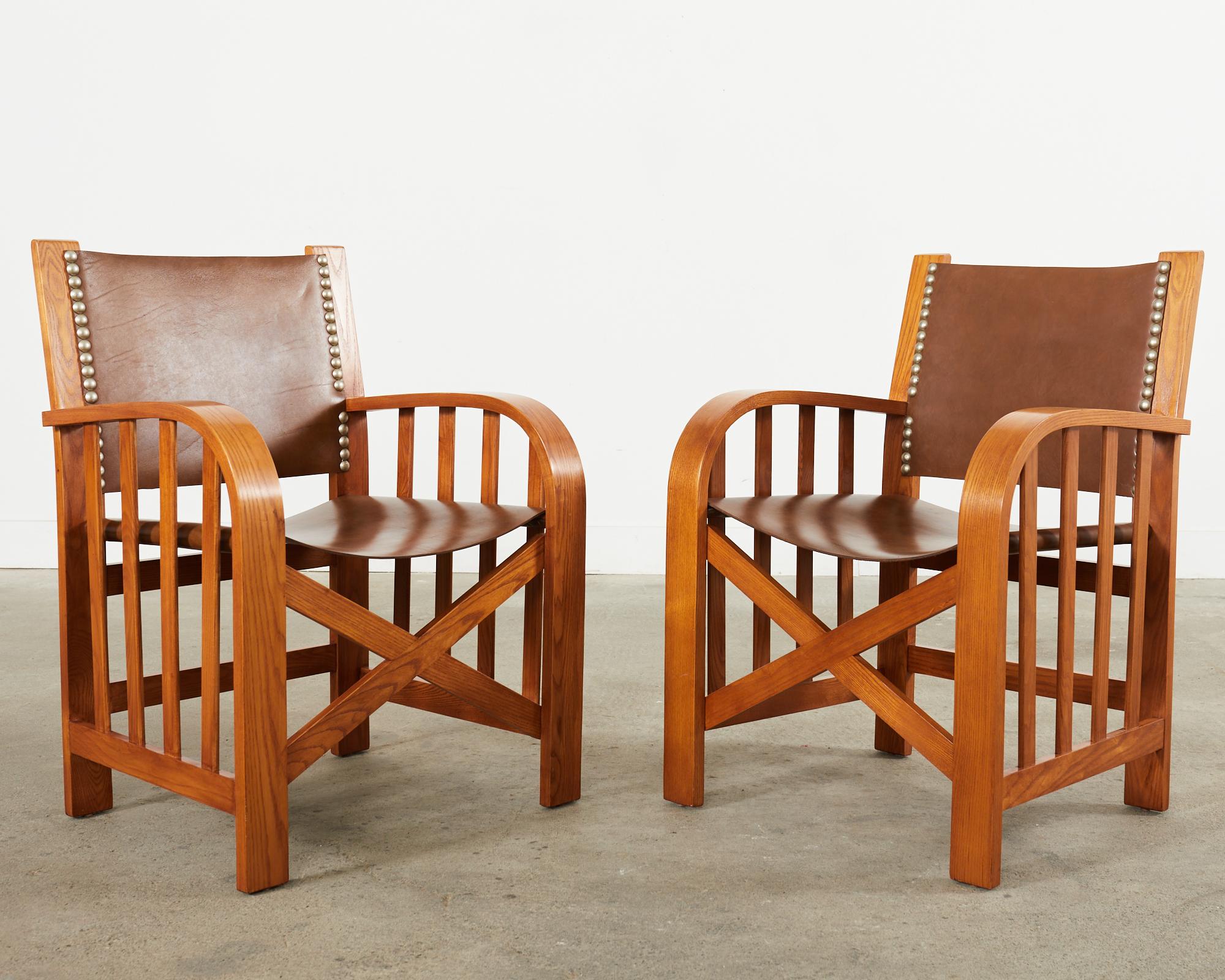 Hand-Crafted Set of Four Ralph Lauren Shelter Sky Ash Leather Sling Dining Chairs  For Sale