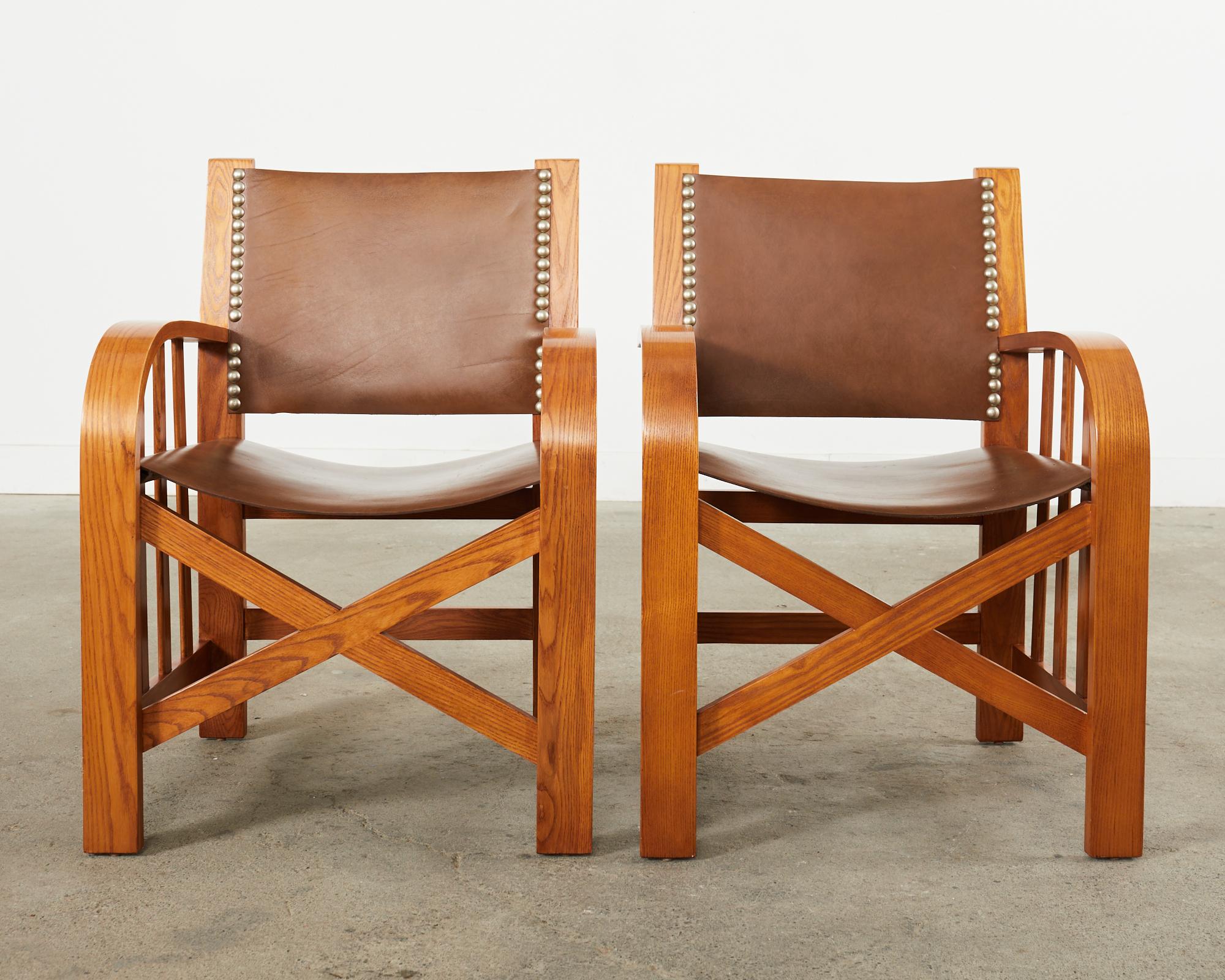 Set of Four Ralph Lauren Shelter Sky Ash Leather Sling Dining Chairs  In Good Condition For Sale In Rio Vista, CA