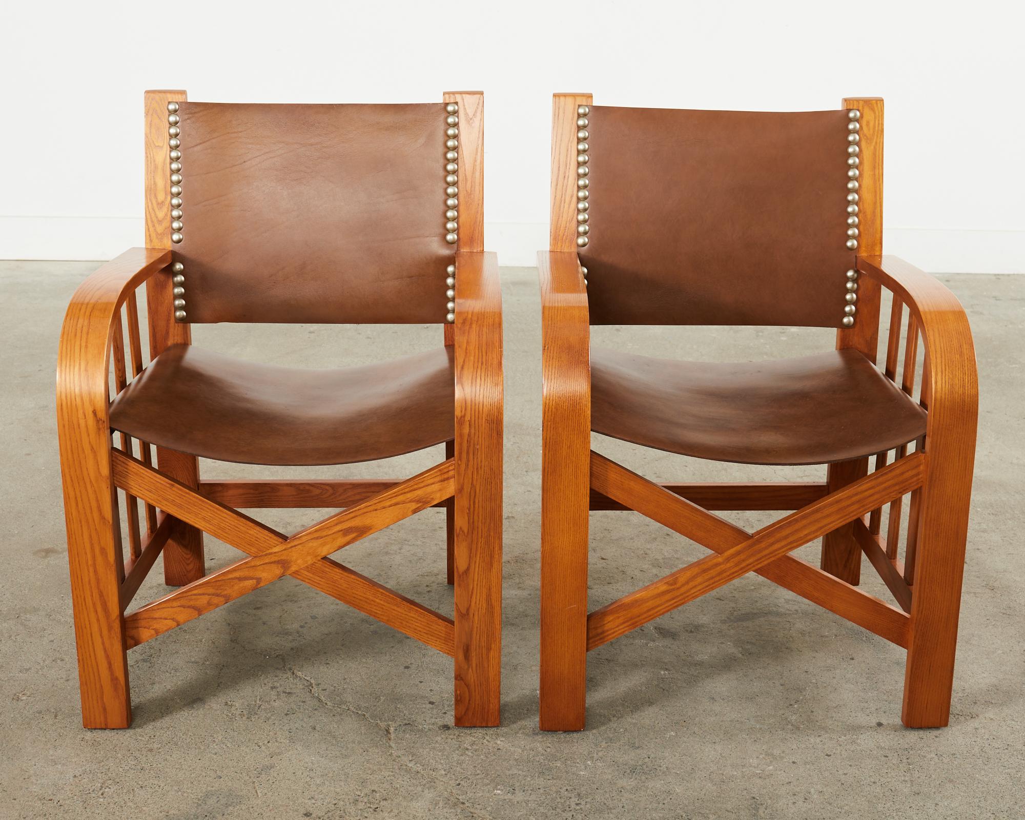 20th Century Set of Four Ralph Lauren Shelter Sky Ash Leather Sling Dining Chairs  For Sale