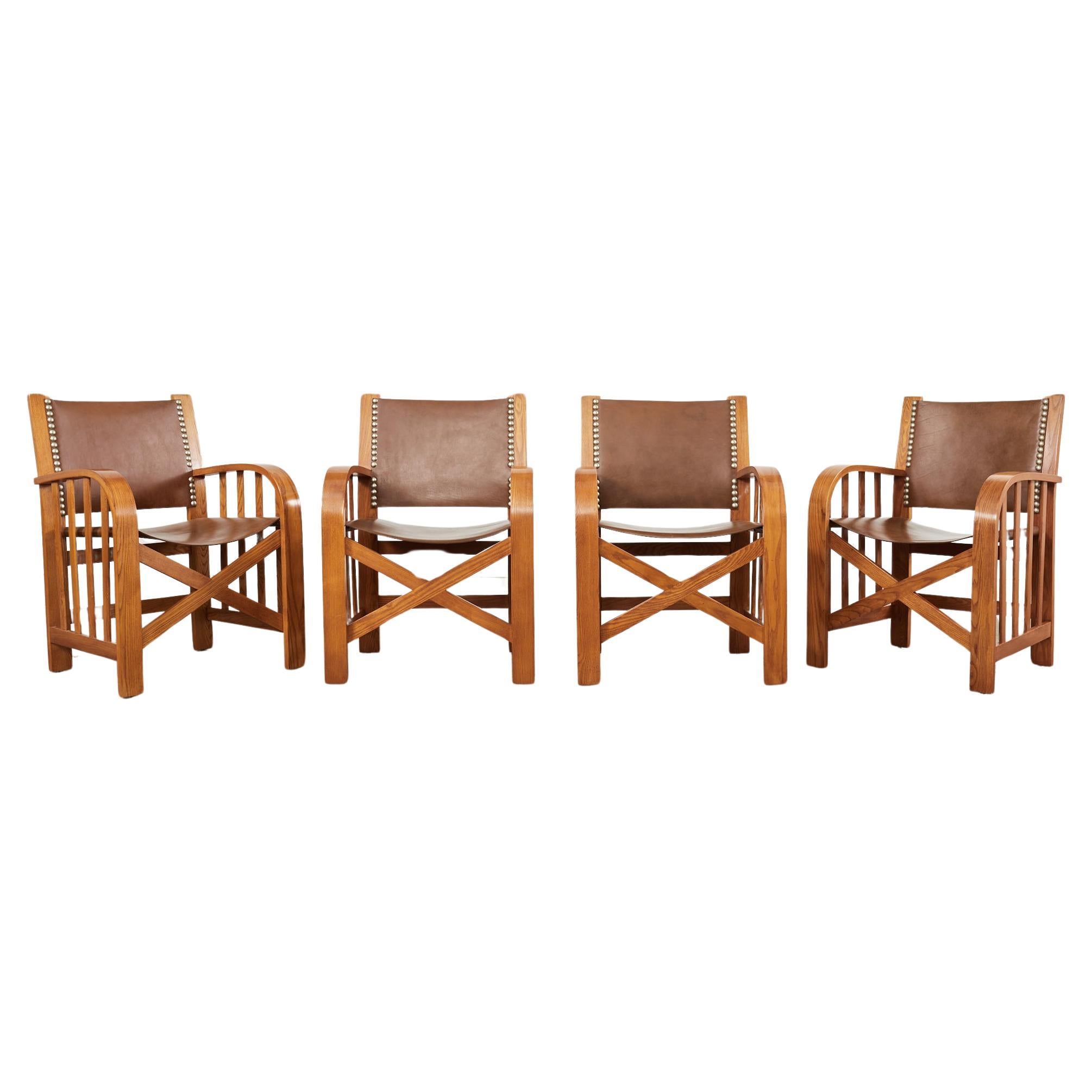 Set of Four Ralph Lauren Shelter Sky Ash Leather Sling Dining Chairs  For Sale