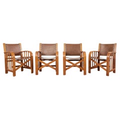 Antique Set of Four Ralph Lauren Shelter Sky Ash Leather Sling Dining Chairs 