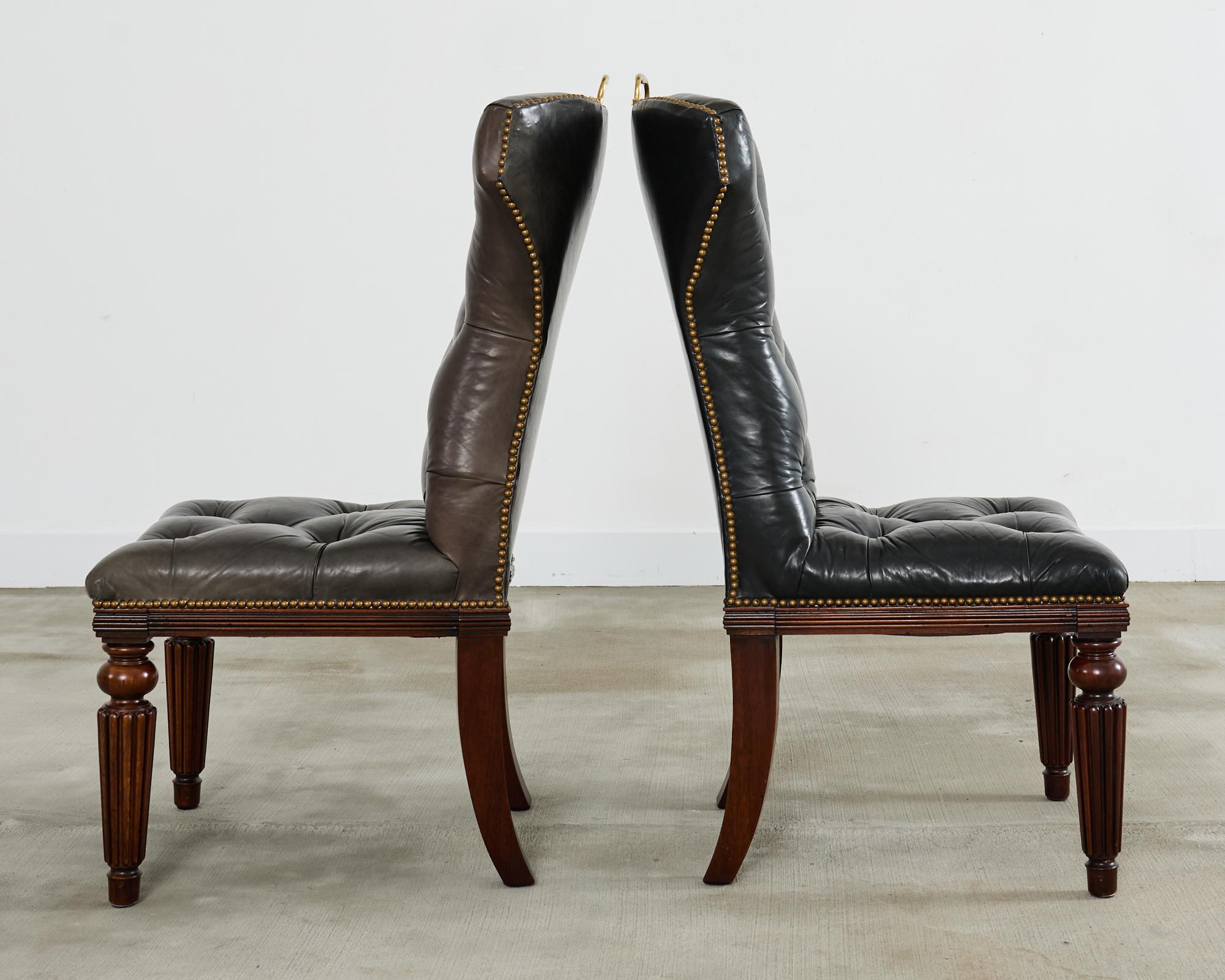 Brass Set of Four Ralph Lauren Tufted Leather Dining Chairs