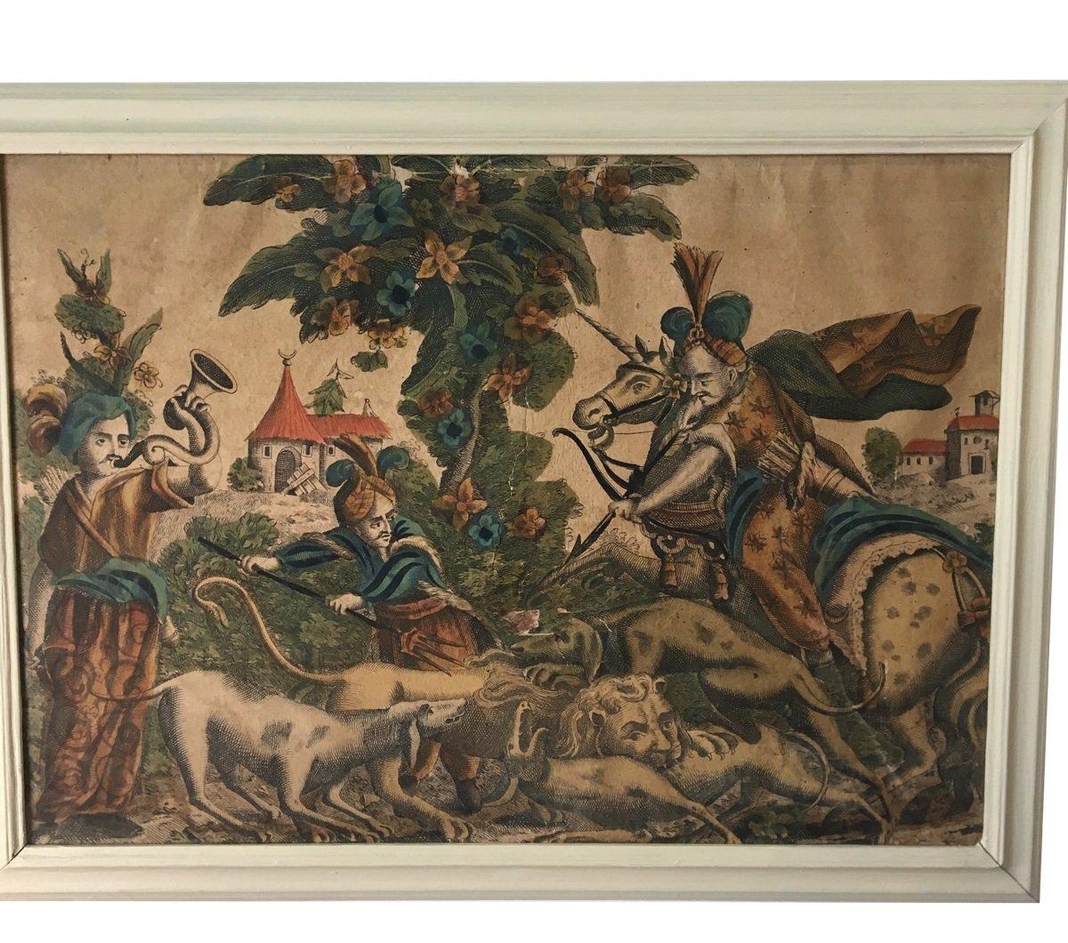 Rare set of four 18th-17th century French copper plate engraved panels, hand-colored with chinoiserie and pastoral and courtly love motifs, circa 1720 judging style, paper, printing technique. Still under research. The larger panels 46 ¼ H. x 22” W.