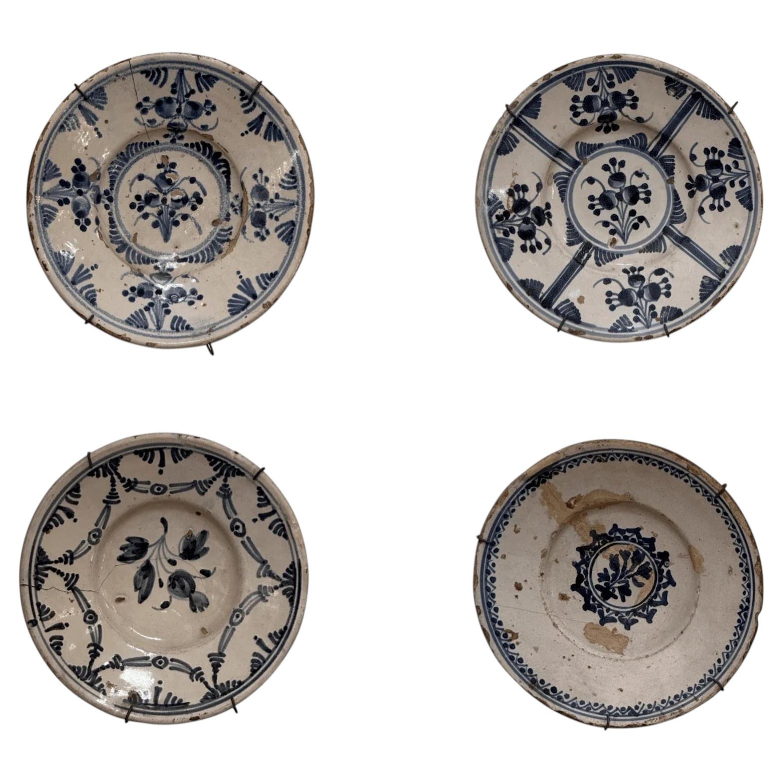 Set of Four Rare Spanish Tin-Glazed plates 18th C. For Sale
