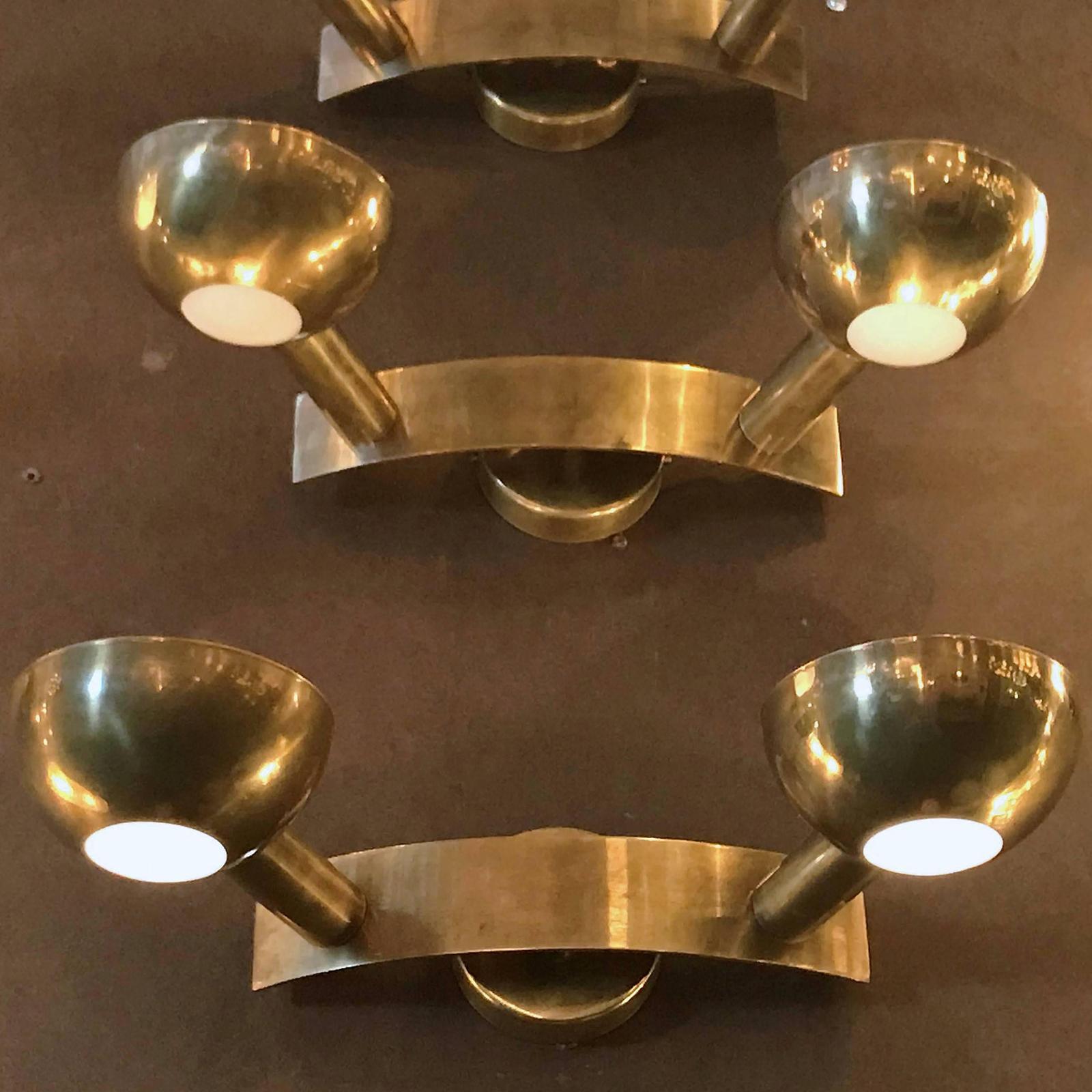 Set of four rare vintage w iconic Minimalist design, polished brass and frosted glass lenses / Style of Stilnovo, circa 1954 Made in Italy 2 lights.
