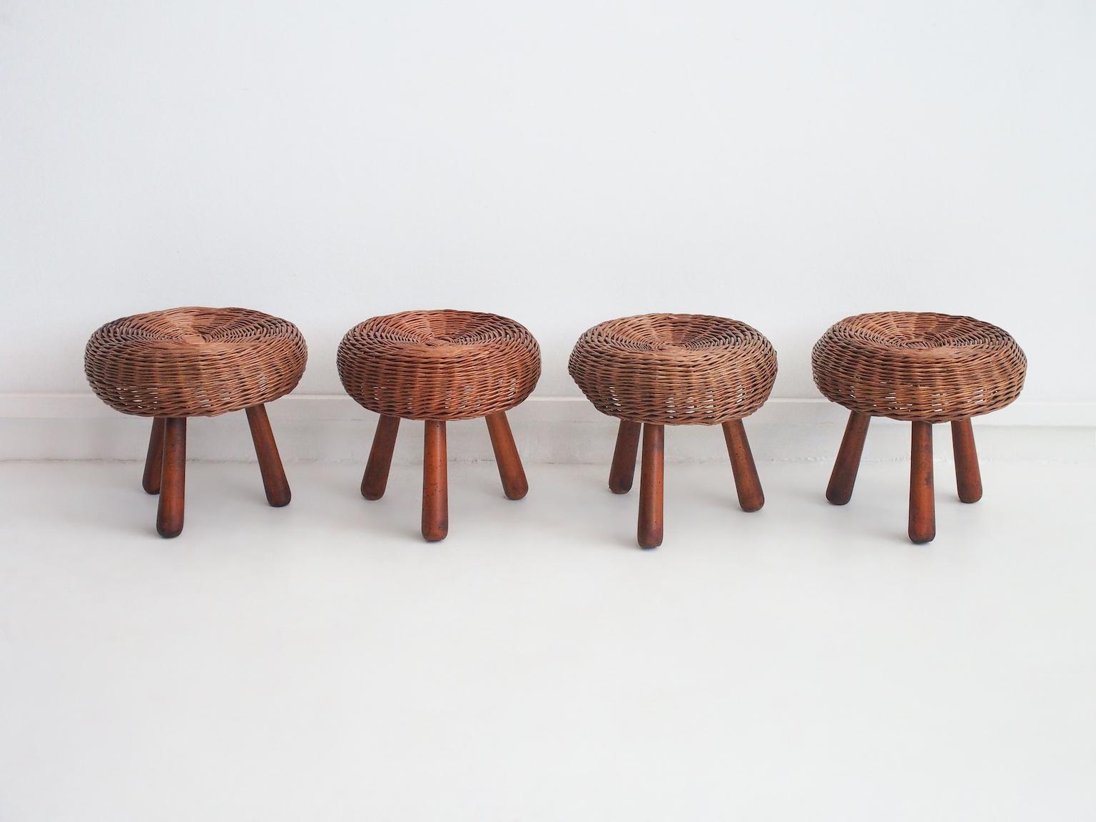Mid-Century Modern Set of Four Rattan and Beech Stools by Tony Paul
