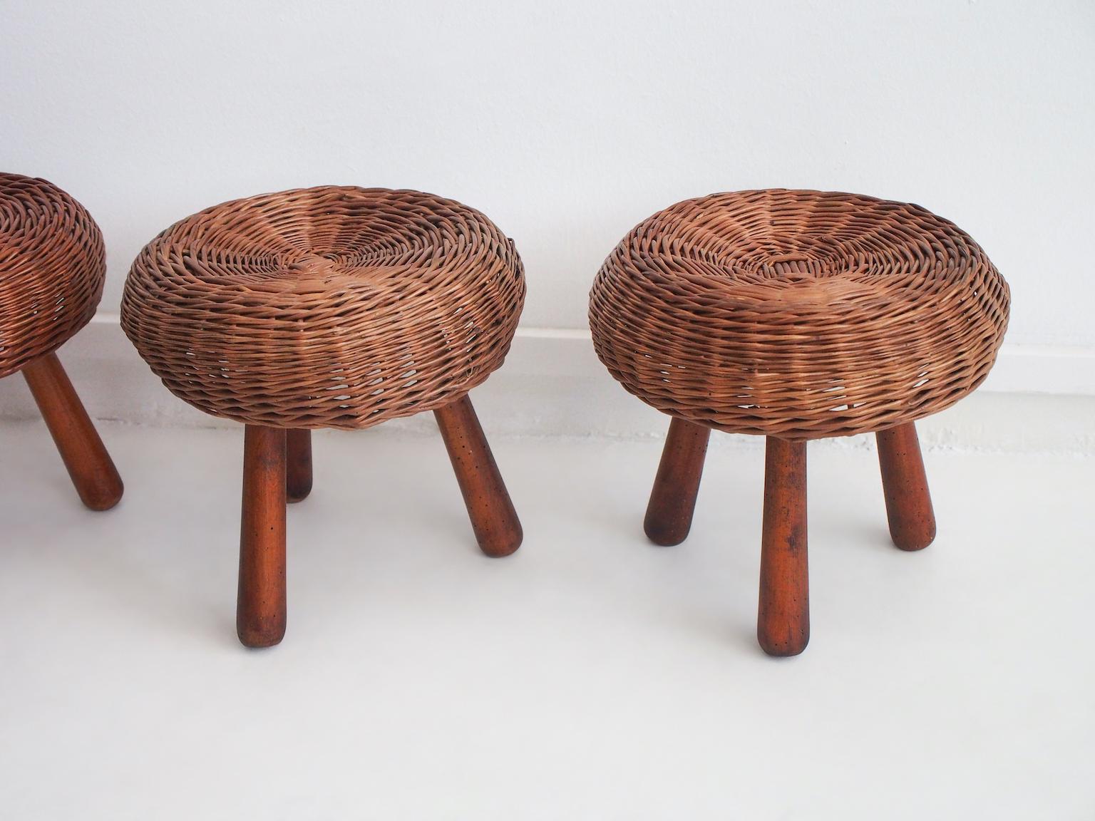 American Set of Four Rattan and Beech Stools by Tony Paul