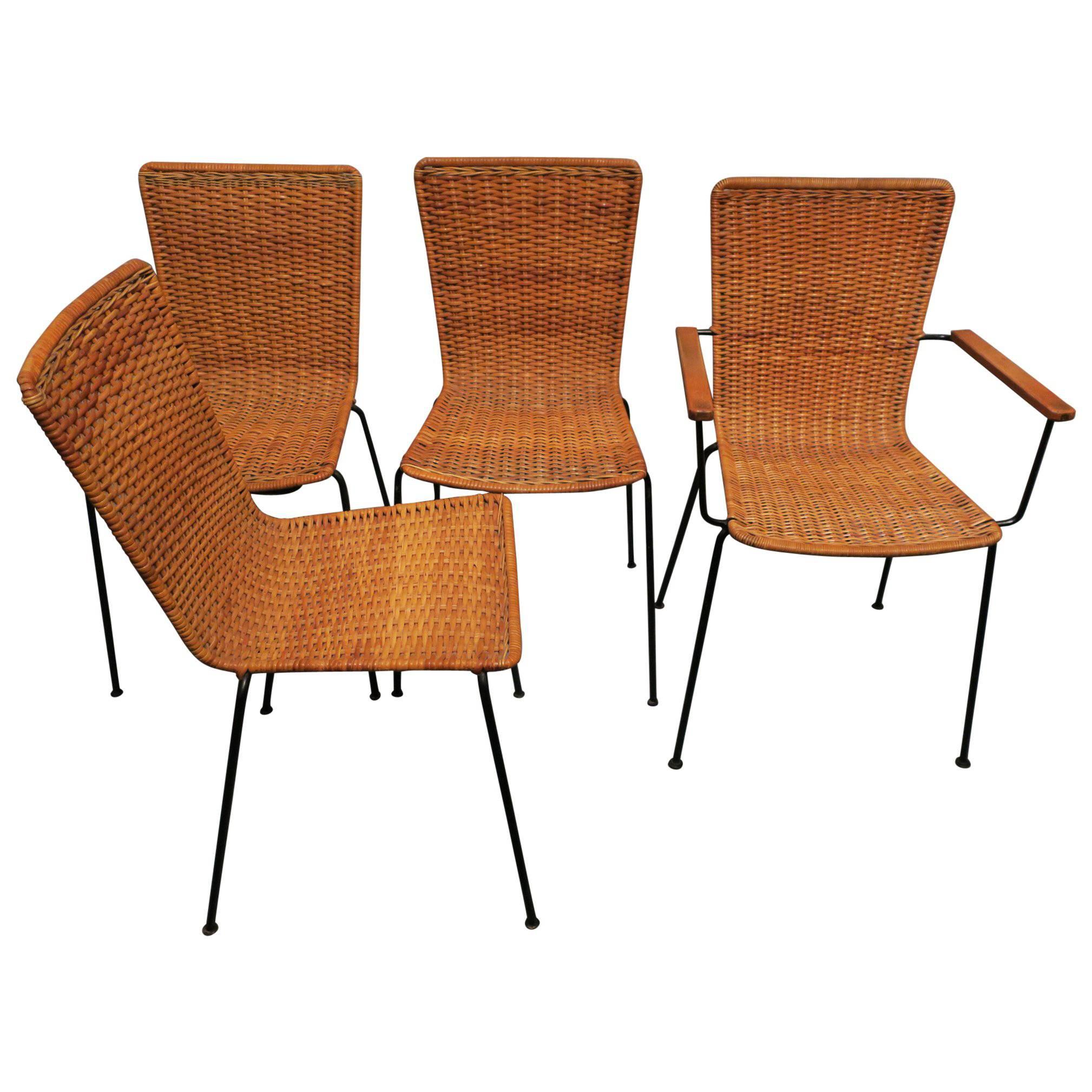 Set of Four Rattan and Iron Dining Chairs One with Armrests, Midcentury For Sale