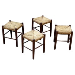 set of four rattan and oak French rustic stools