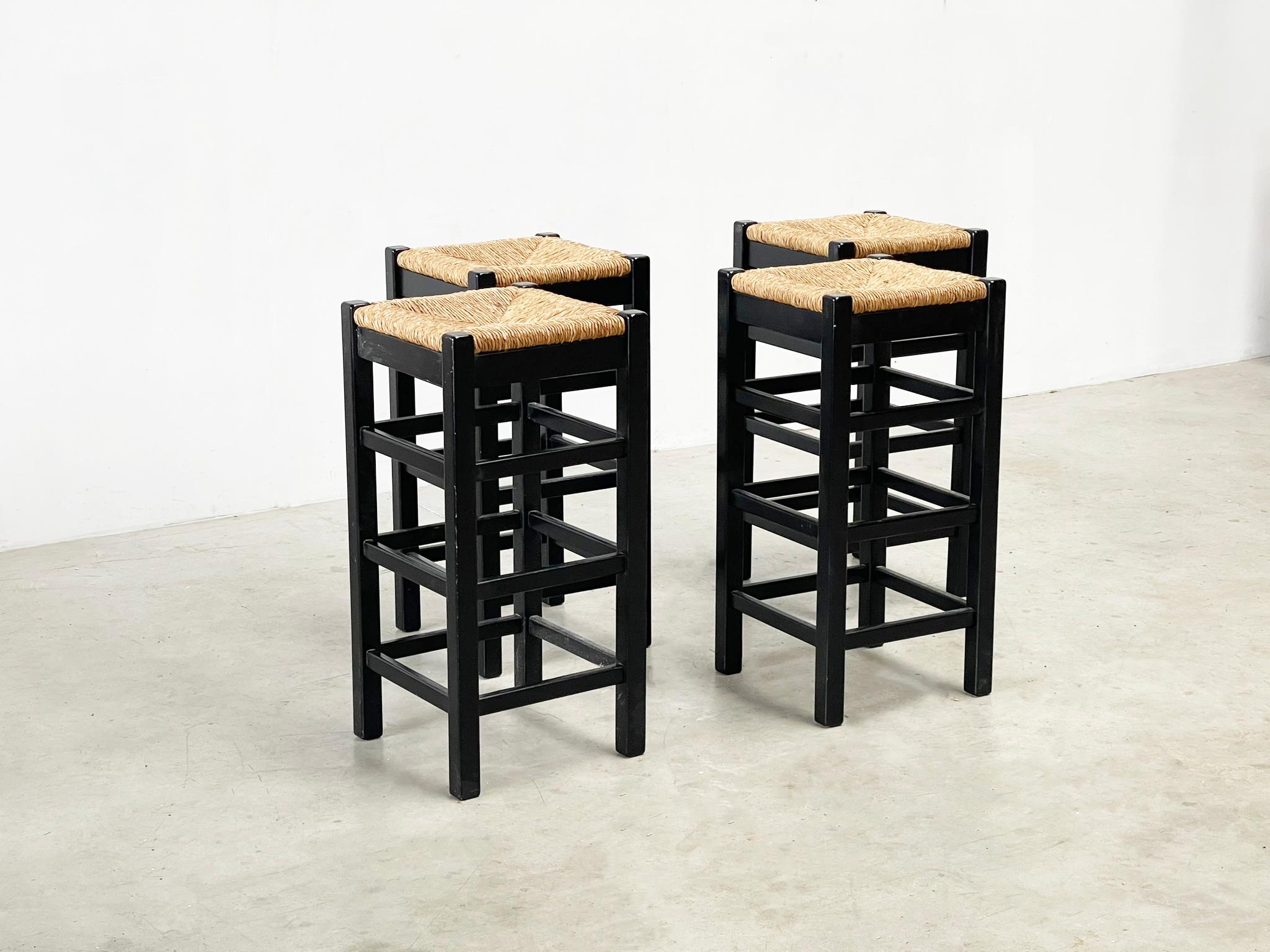 Late 20th Century set of four rattan and wood barstools For Sale