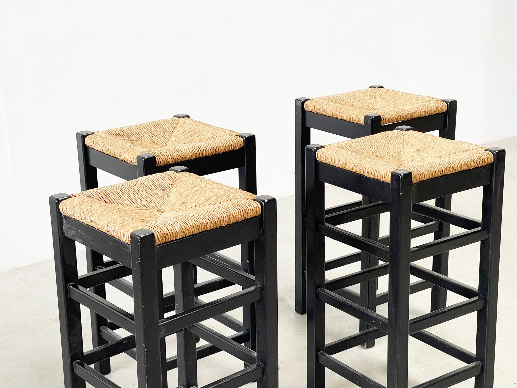 Rattan set of four rattan and wood barstools For Sale