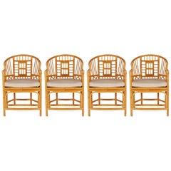 Set of Four Rattan Bamboo Arm Dining Chairs Chinese Chippendale