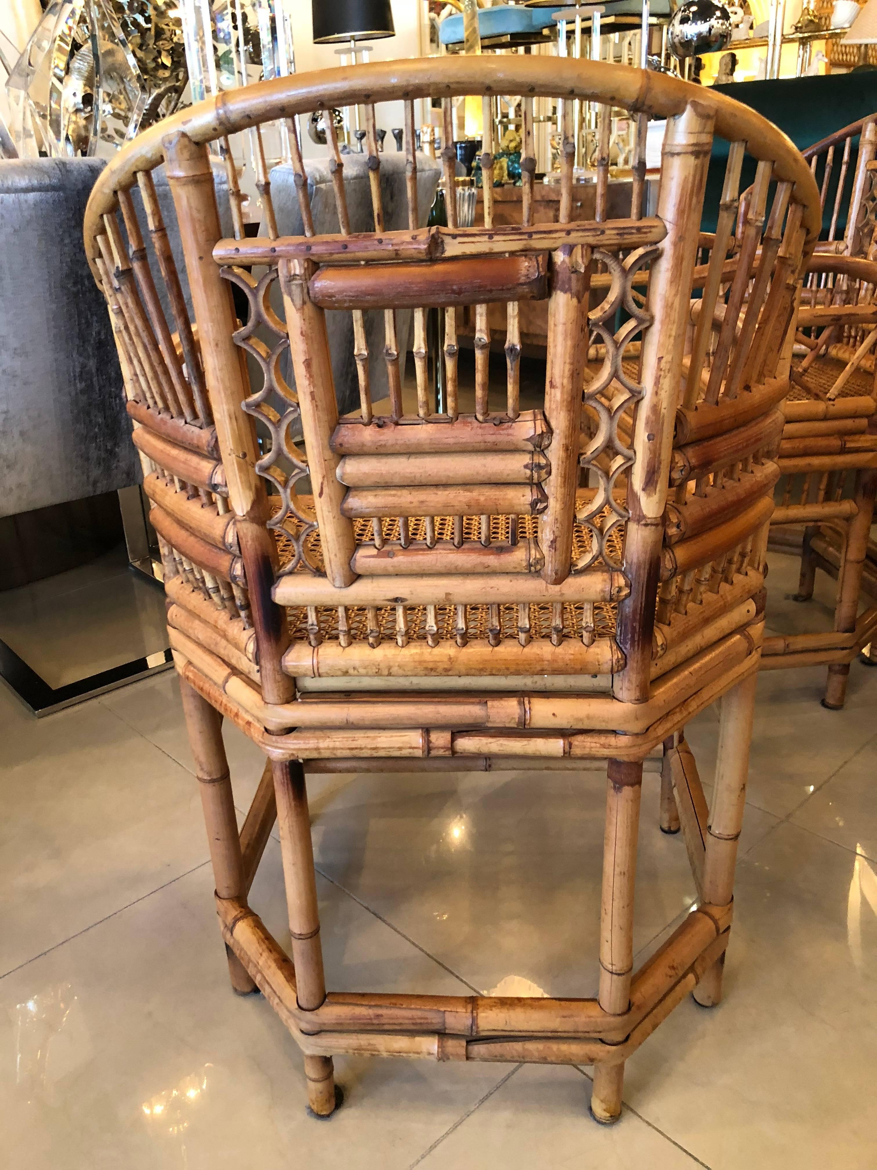 Set of Four Rattan Bamboo Brighton Arm Dining Chairs Chinese Chippendale  2