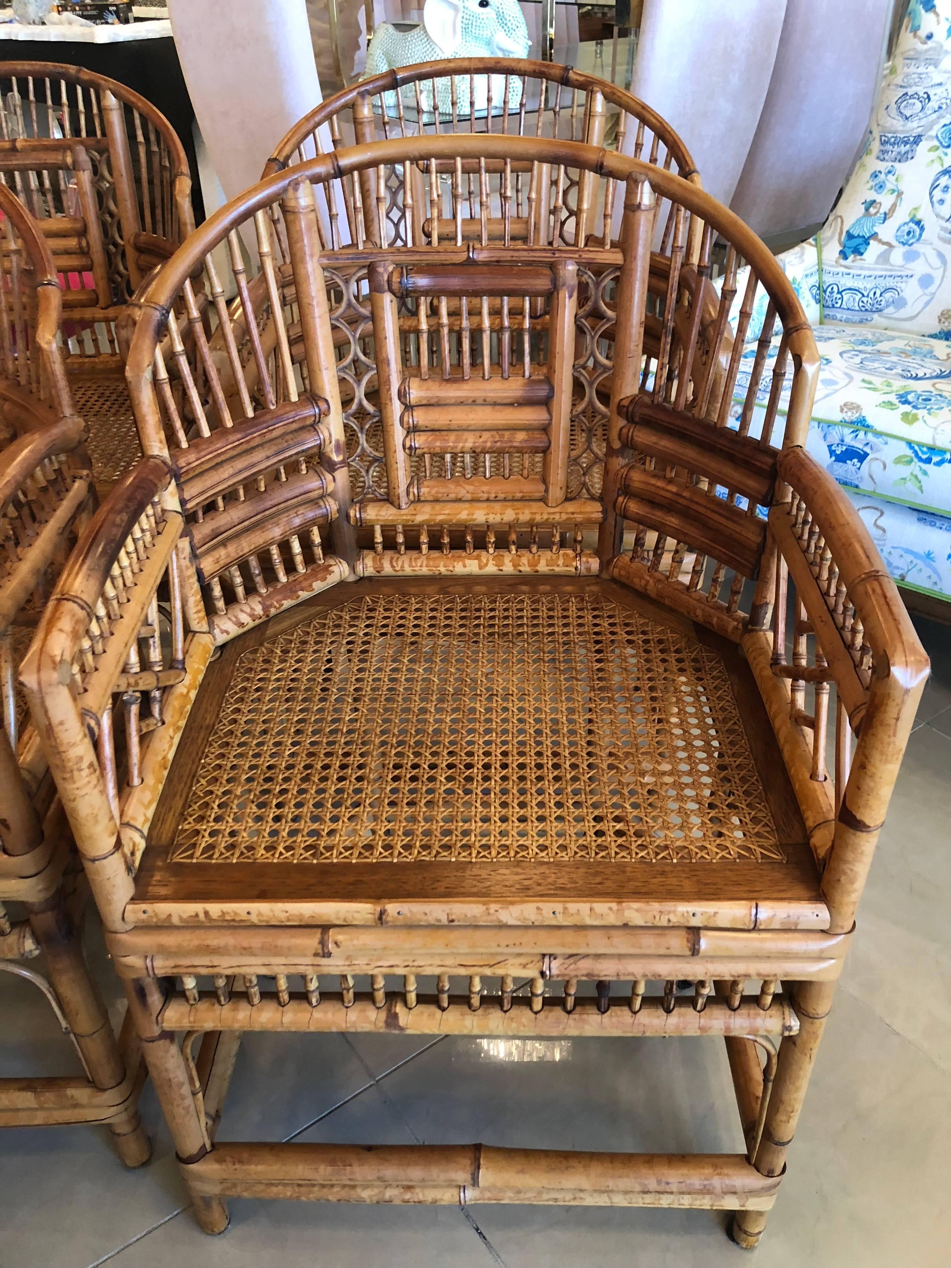 Set of Four Rattan Bamboo Brighton Arm Dining Chairs Chinese Chippendale  3