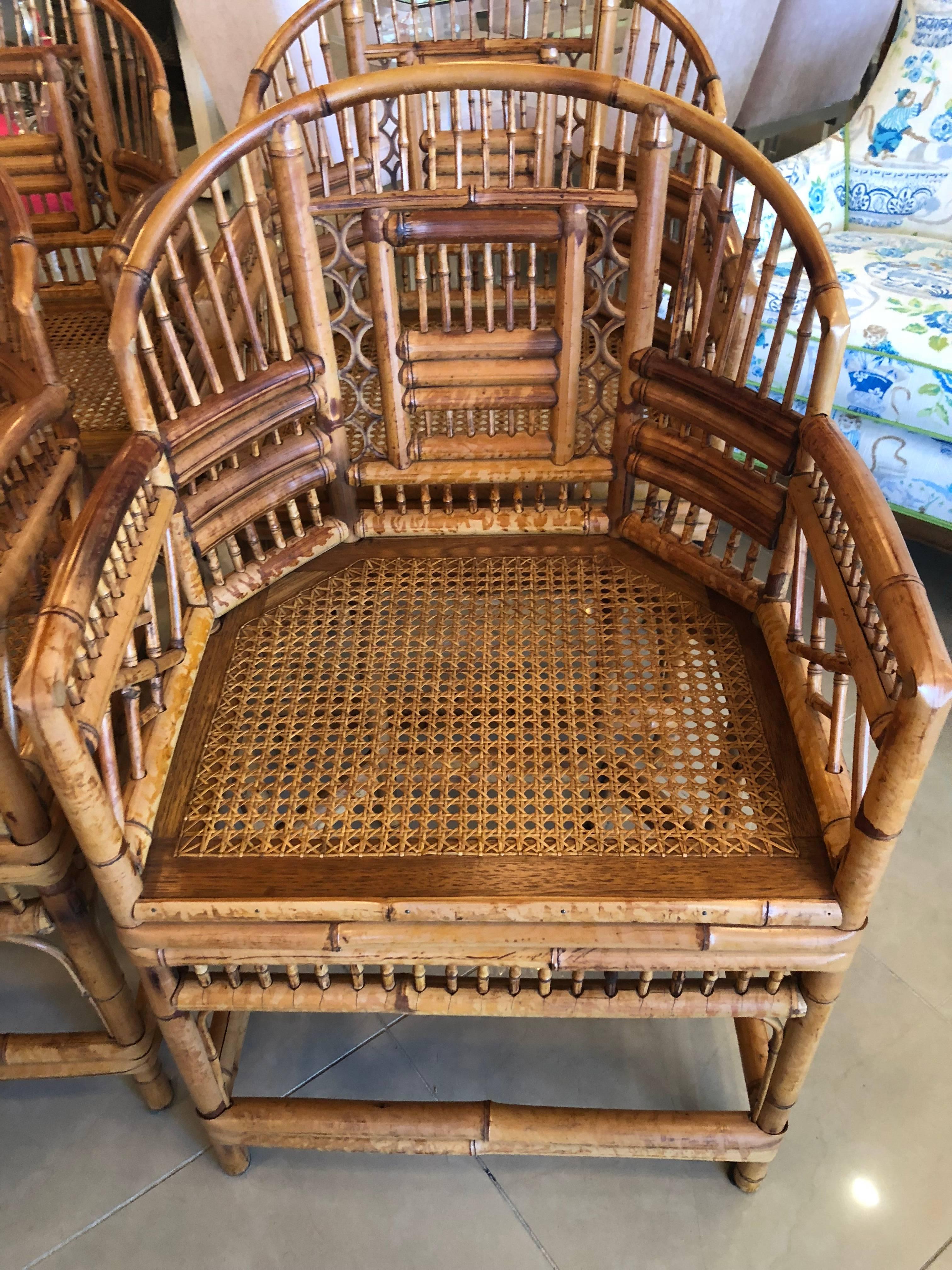 Set of Four Rattan Bamboo Brighton Arm Dining Chairs Chinese Chippendale  4