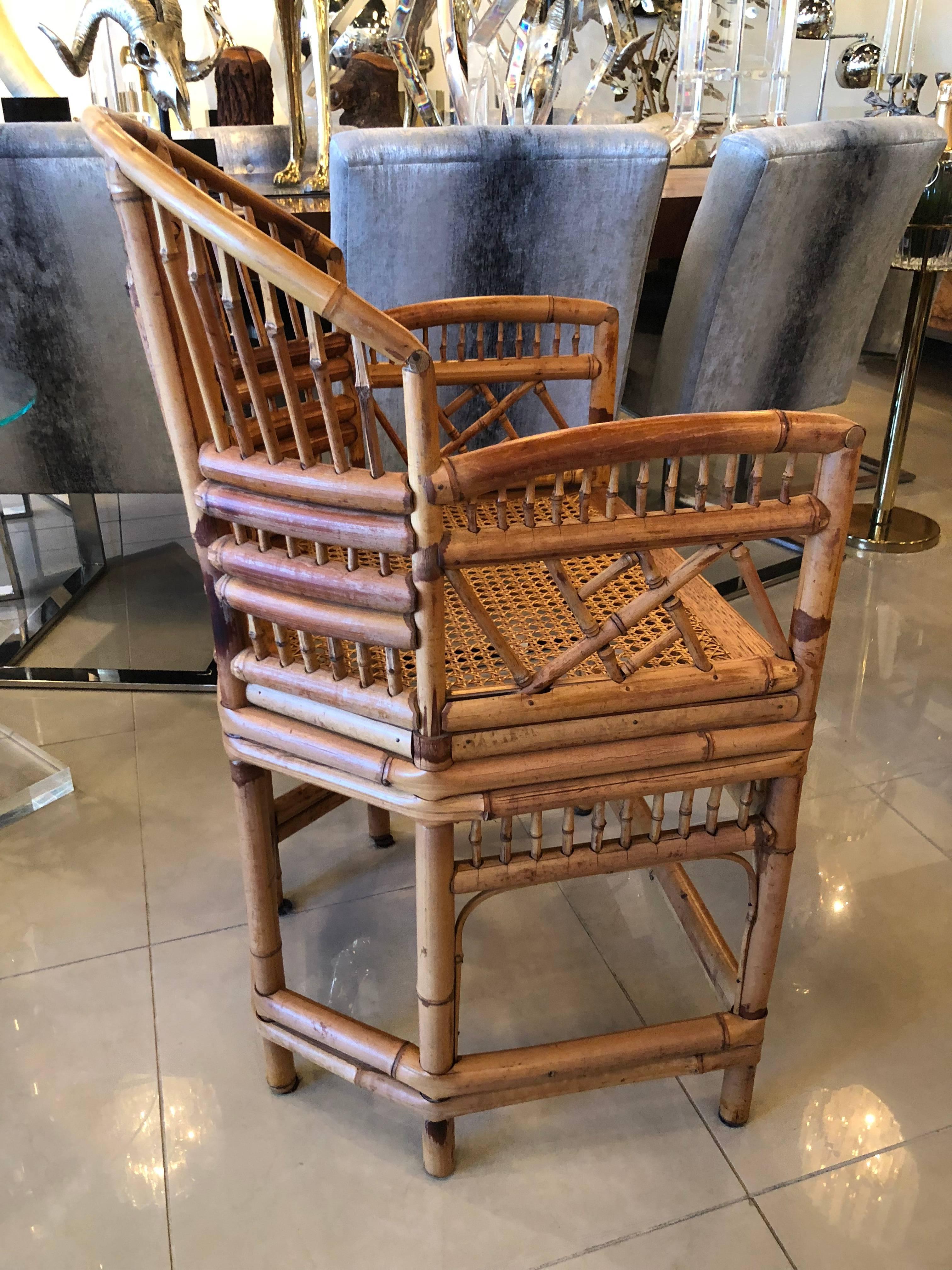 Set of Four Rattan Bamboo Brighton Arm Dining Chairs Chinese Chippendale  In Good Condition In West Palm Beach, FL
