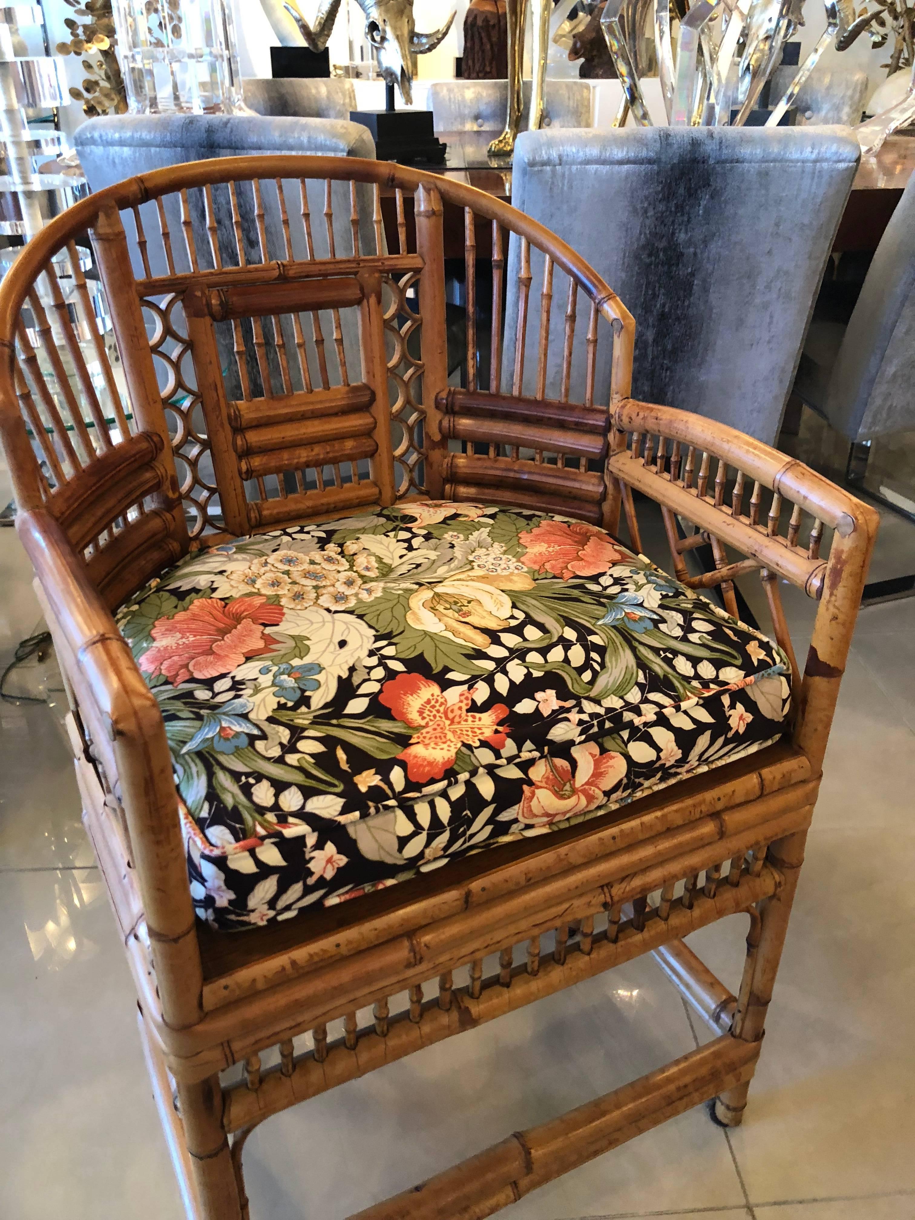 Late 20th Century Set of Four Rattan Bamboo Brighton Arm Dining Chairs Chinese Chippendale 