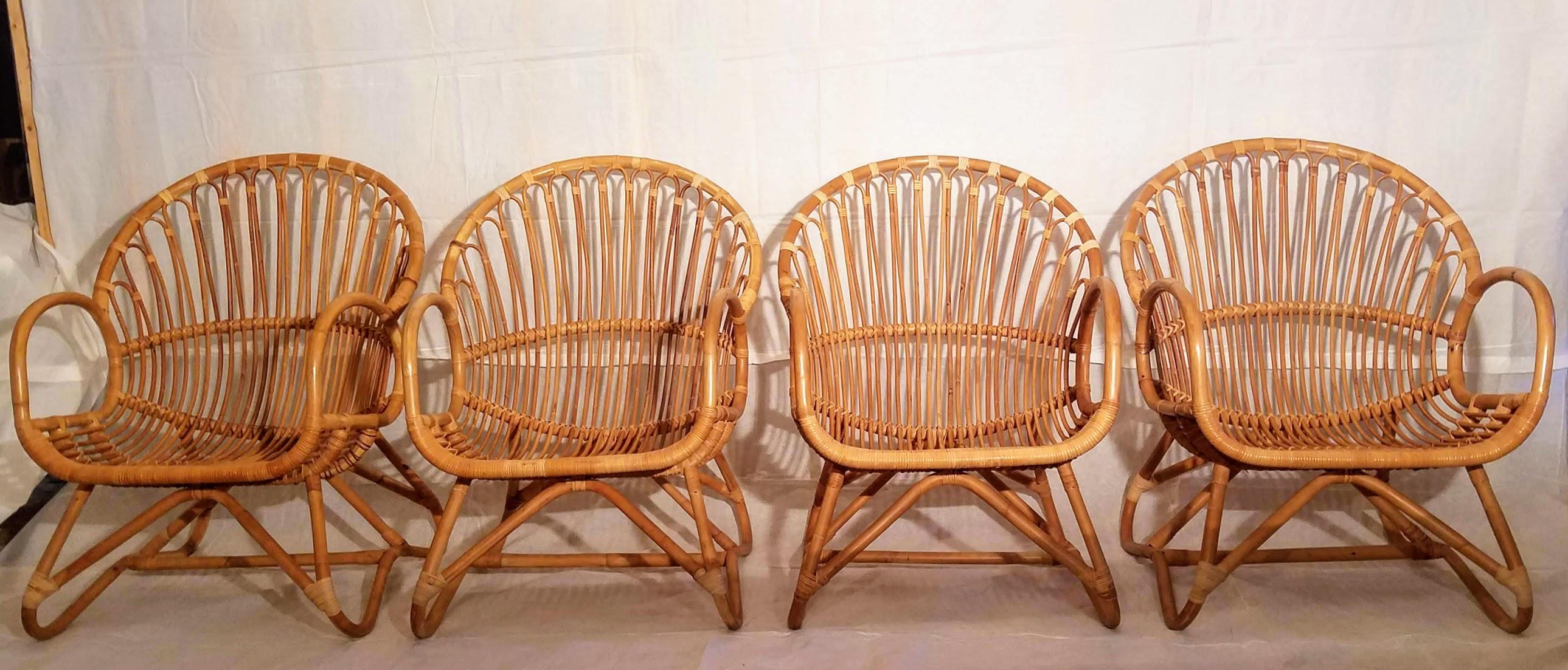 Hand-Woven Four Rattan Lounge Chairs with Center Table Dirk van Sliedregt, 1960s