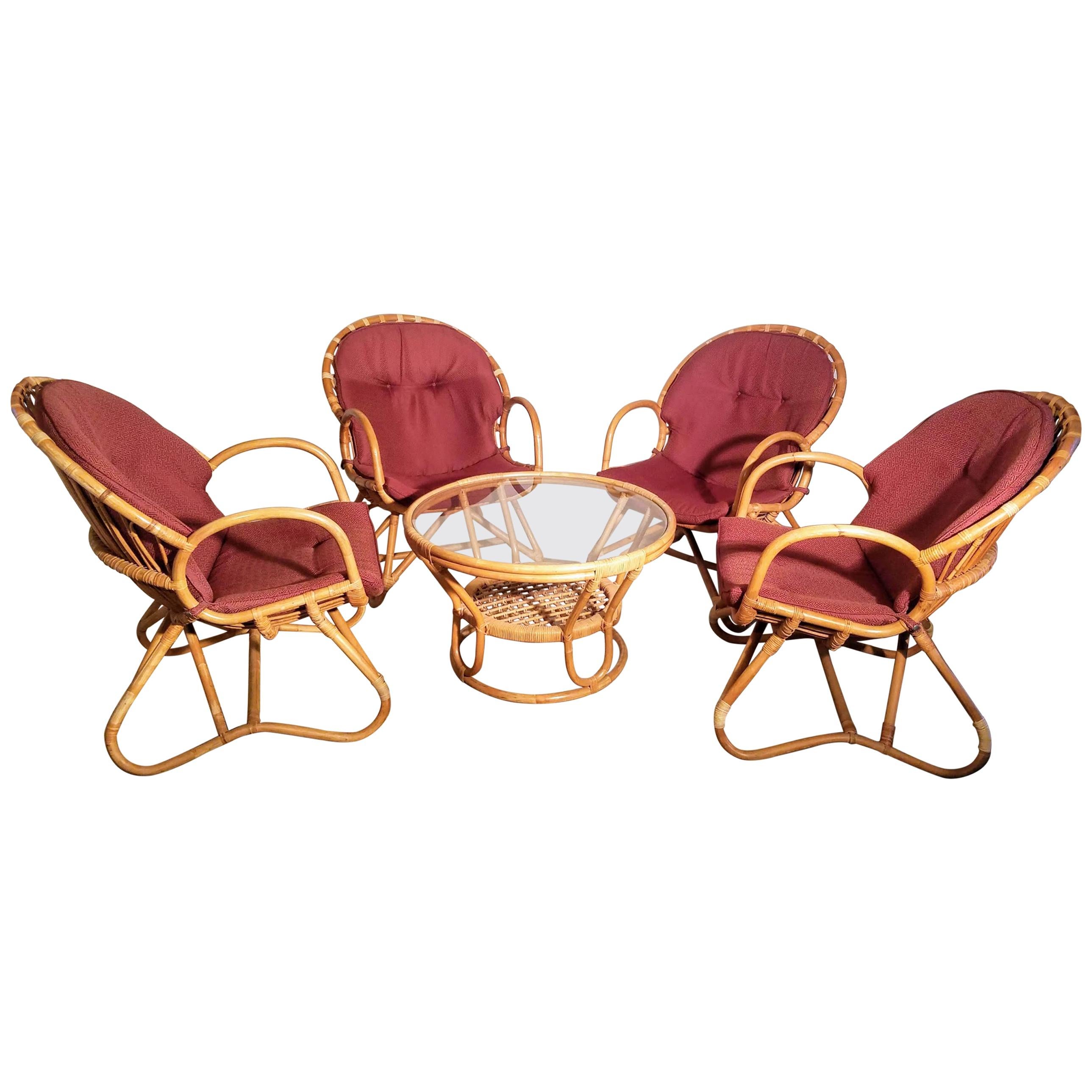 Four Rattan Lounge Chairs with Center Table Dirk van Sliedregt, 1960s