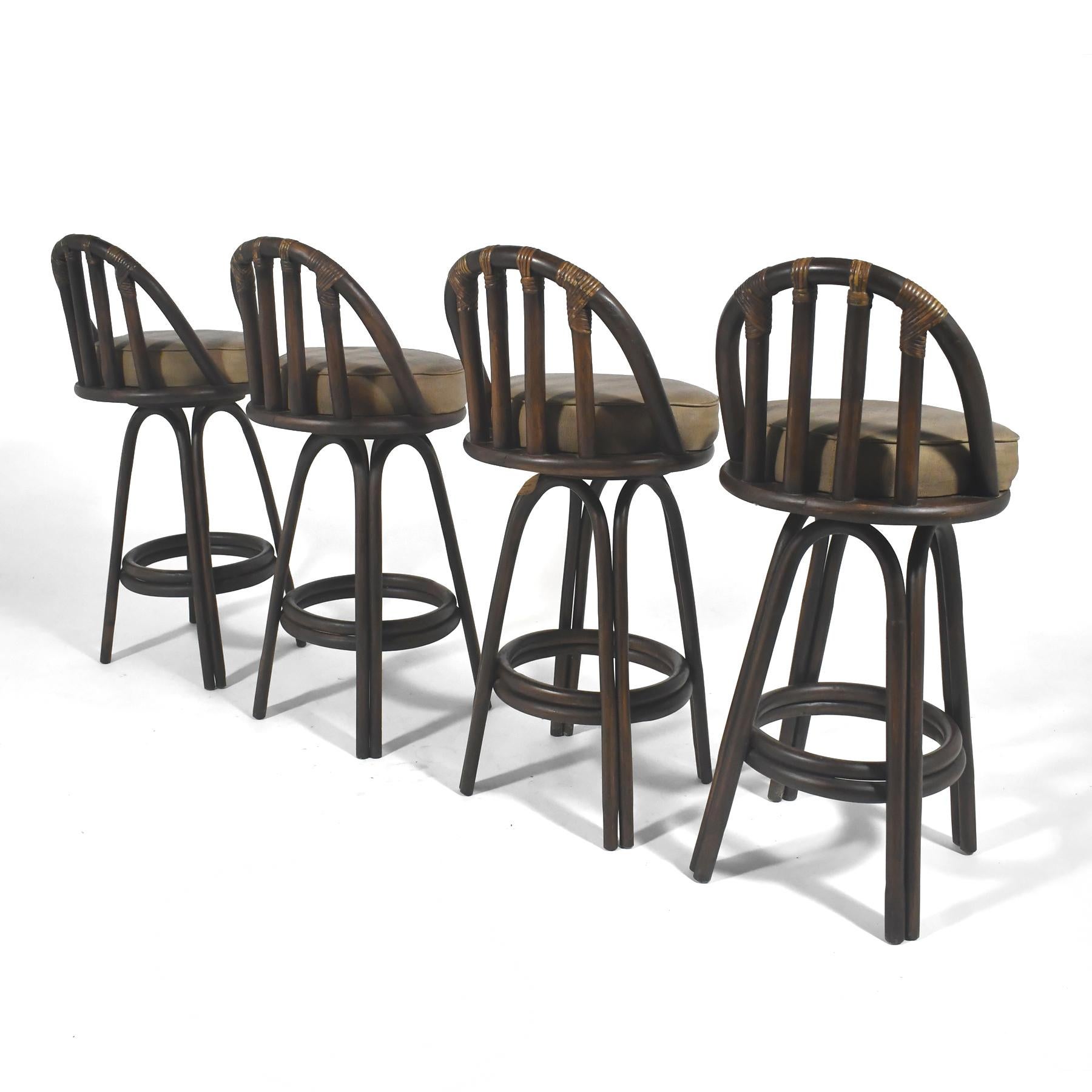 American Set of Four Rattan Organic Modern Swivel Bar Stools For Sale