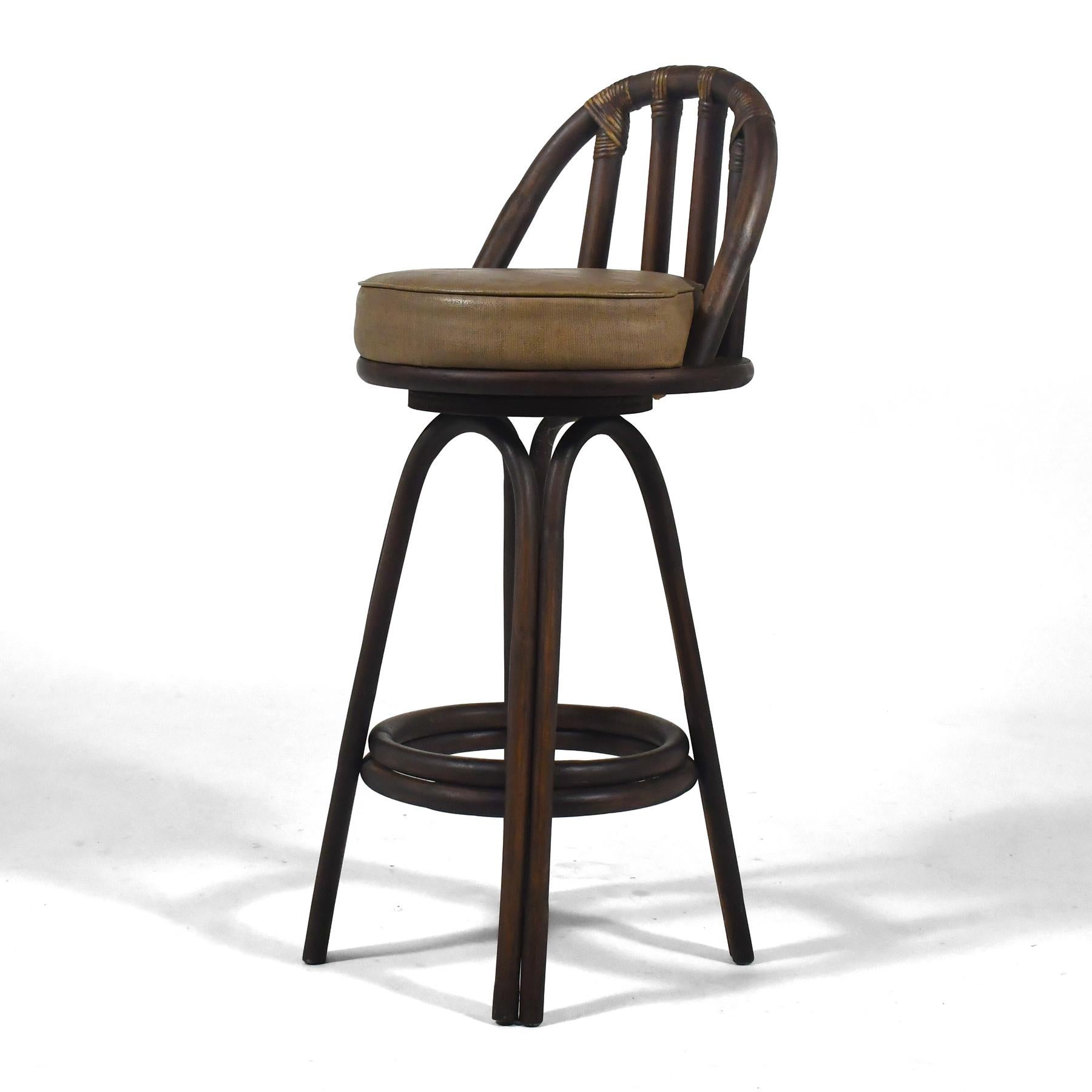 Upholstery Set of Four Rattan Organic Modern Swivel Bar Stools For Sale