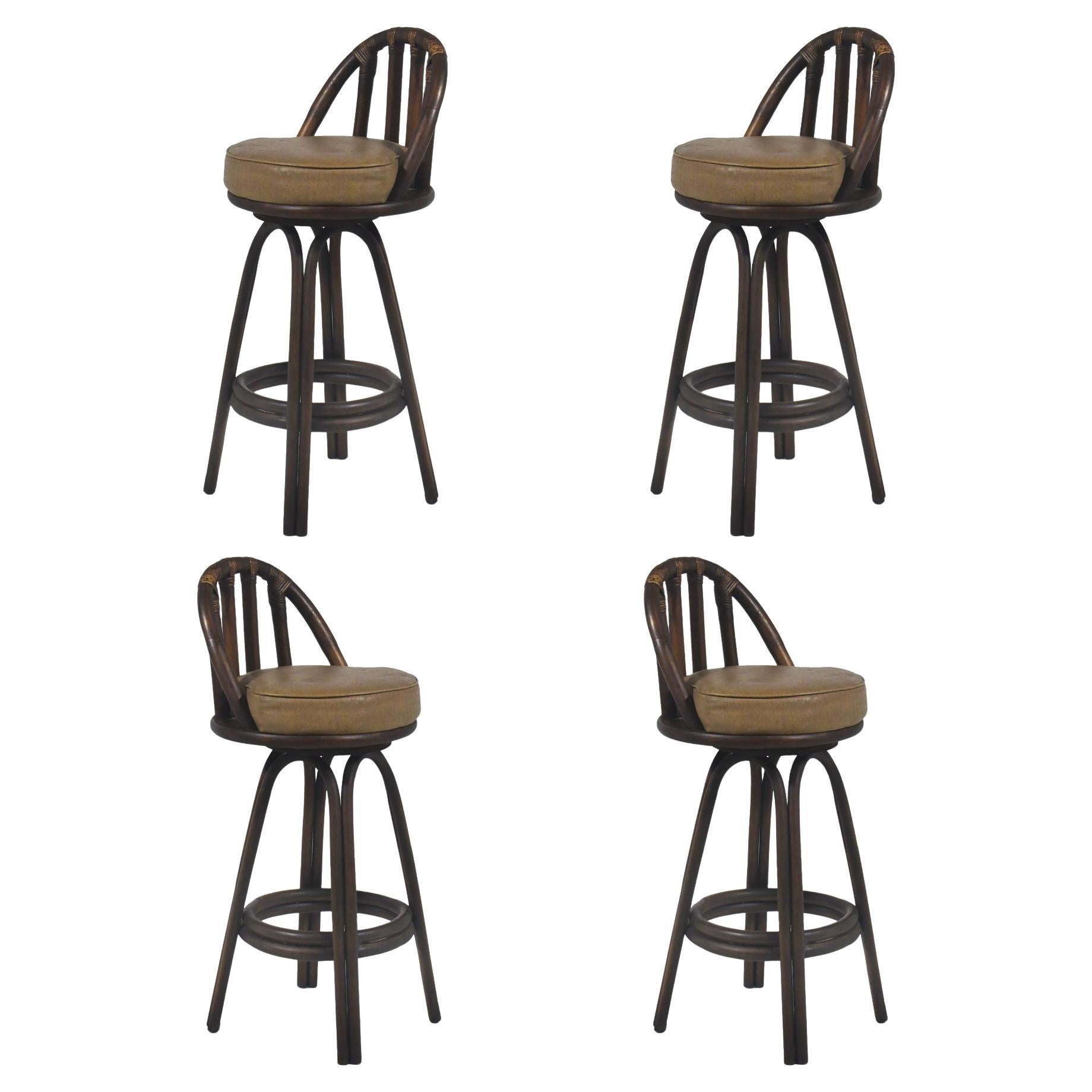 Set of Four Rattan Organic Modern Swivel Bar Stools