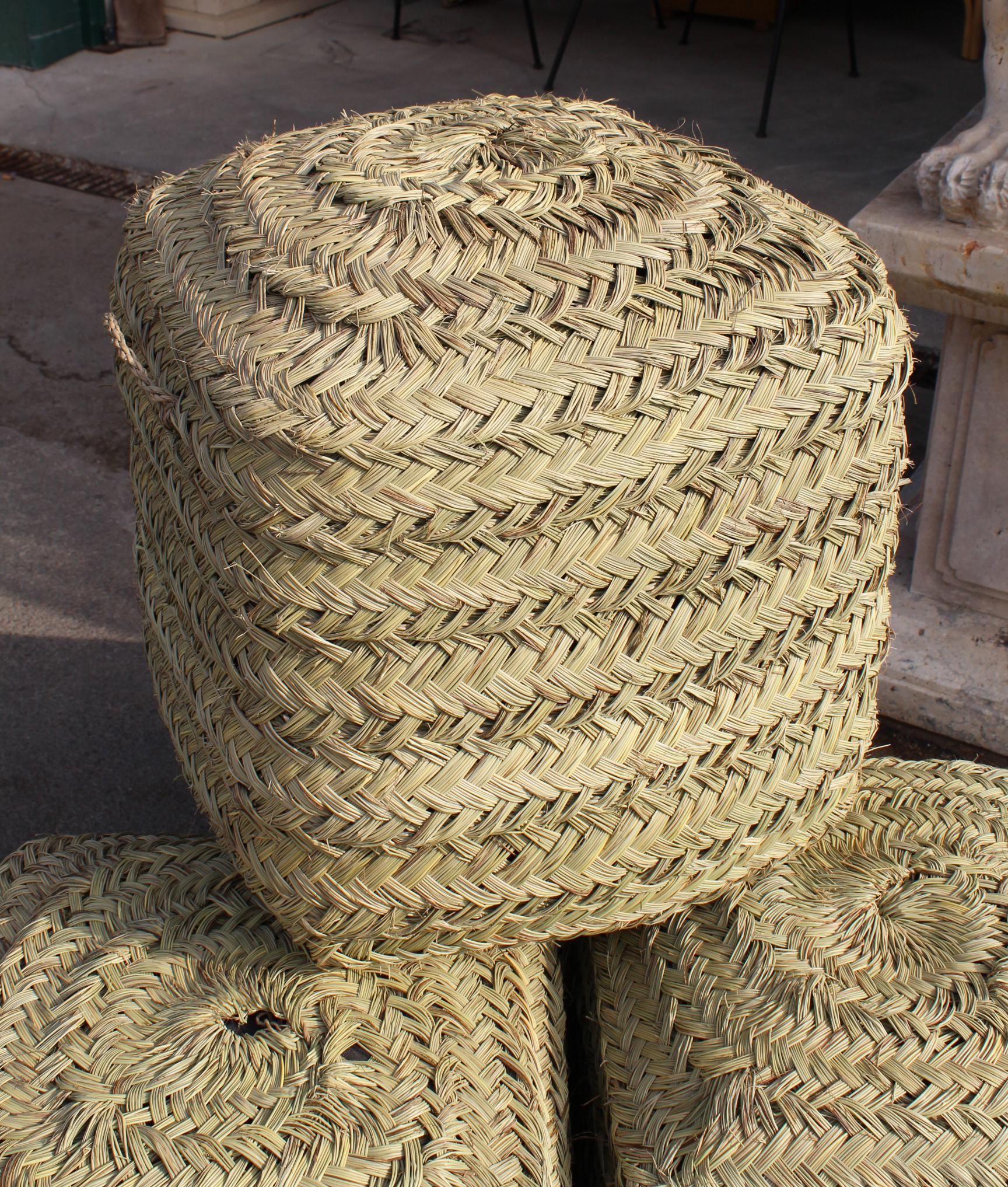 Set of Four Rattan Wicker Hand-Sewn Puffs In Excellent Condition In Marbella, ES