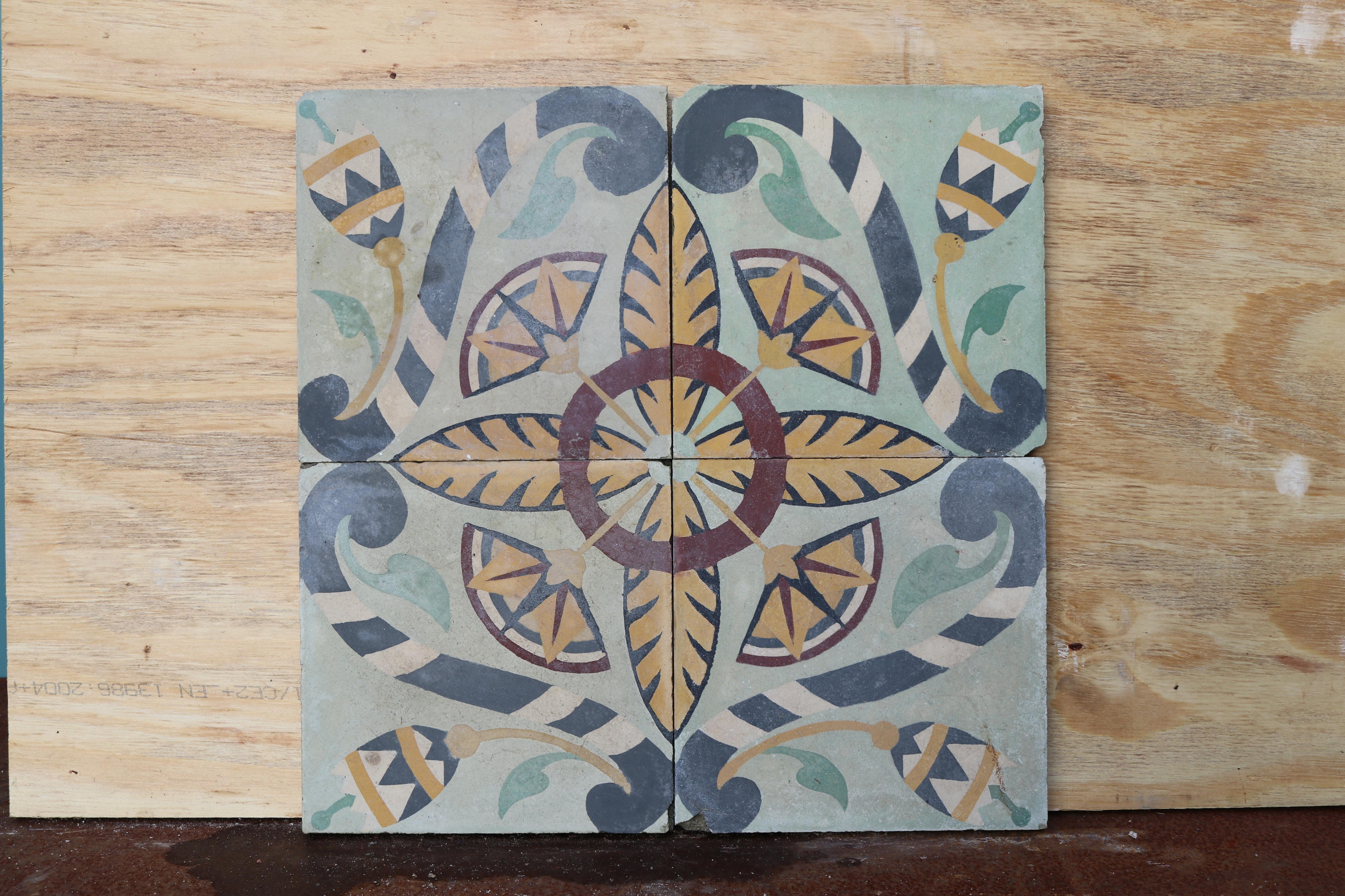 Set of Four Reclaimed Patterned Tiles In Fair Condition For Sale In Wormelow, Herefordshire
