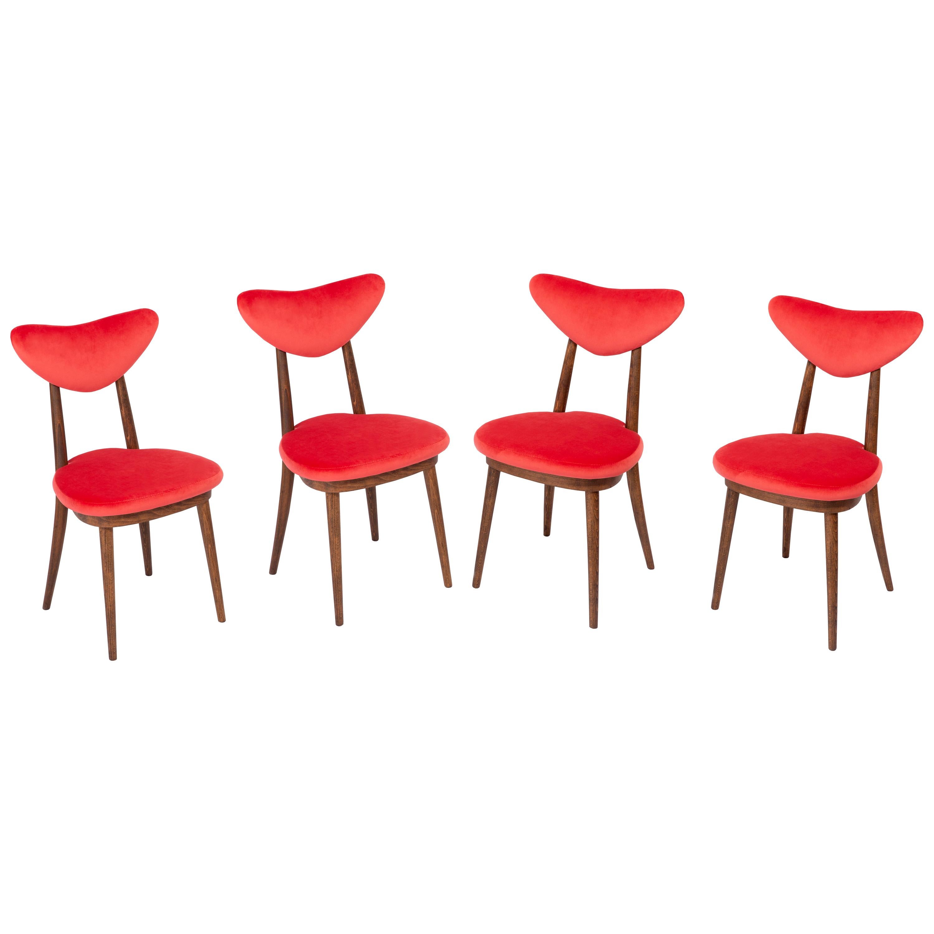 Set of Four Red Heart Chairs, Poland, 1960s For Sale