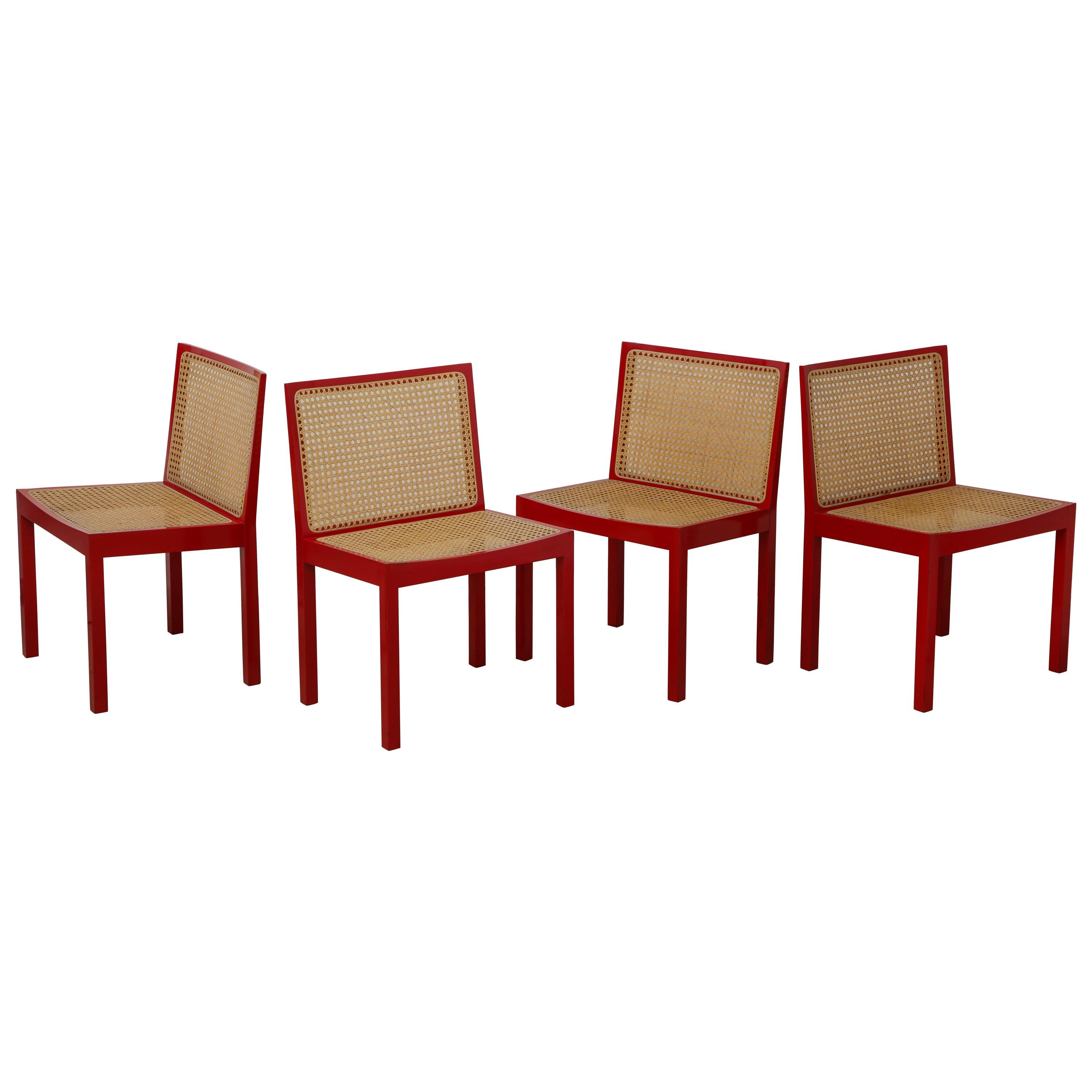 Set of Four Red Lacquer "Bankstuhl" Chairs by Willy Guhl for Stendig For Sale