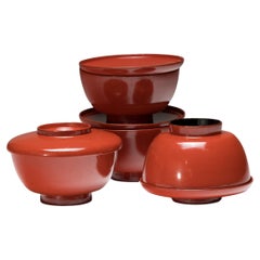 Used Set of Four Japanese Red Lacquer Bowls With Lids