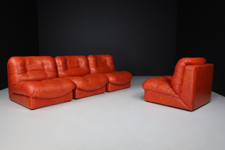 Set of Four Red Leather Mid century Lounge Chairs, Sofa , Italy 1970