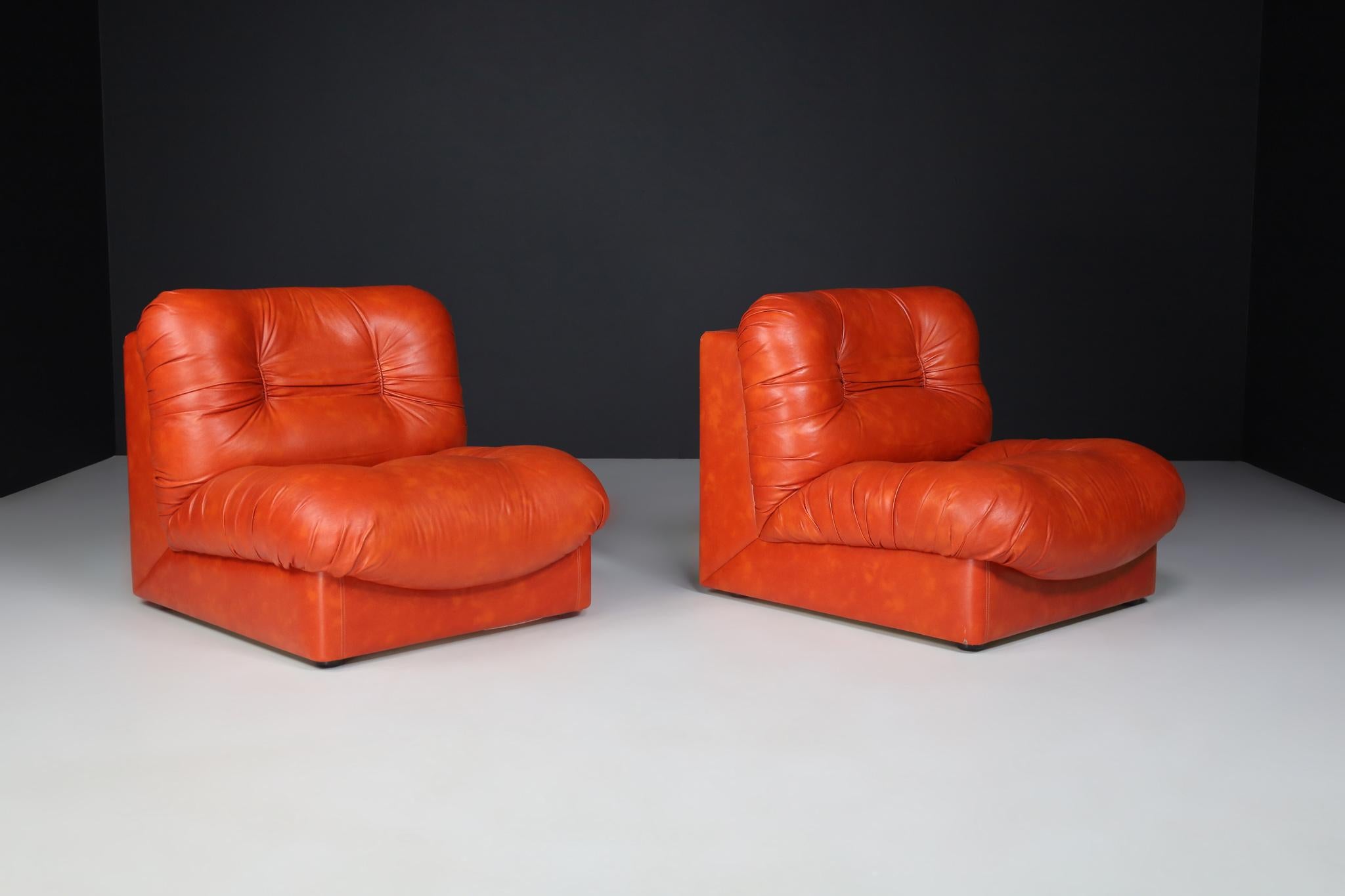 Late 20th Century Set of Four Red Leather Mid century Lounge Chairs, Sofa , Italy 1970 For Sale