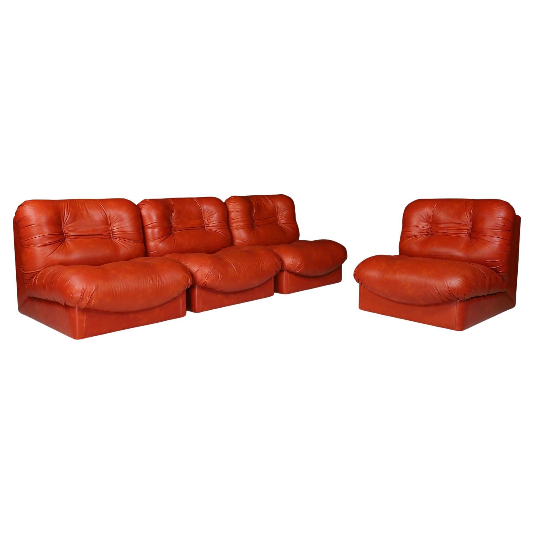 Set of Four Red Leather Mid century Lounge Chairs, Sofa , Italy 1970 For Sale