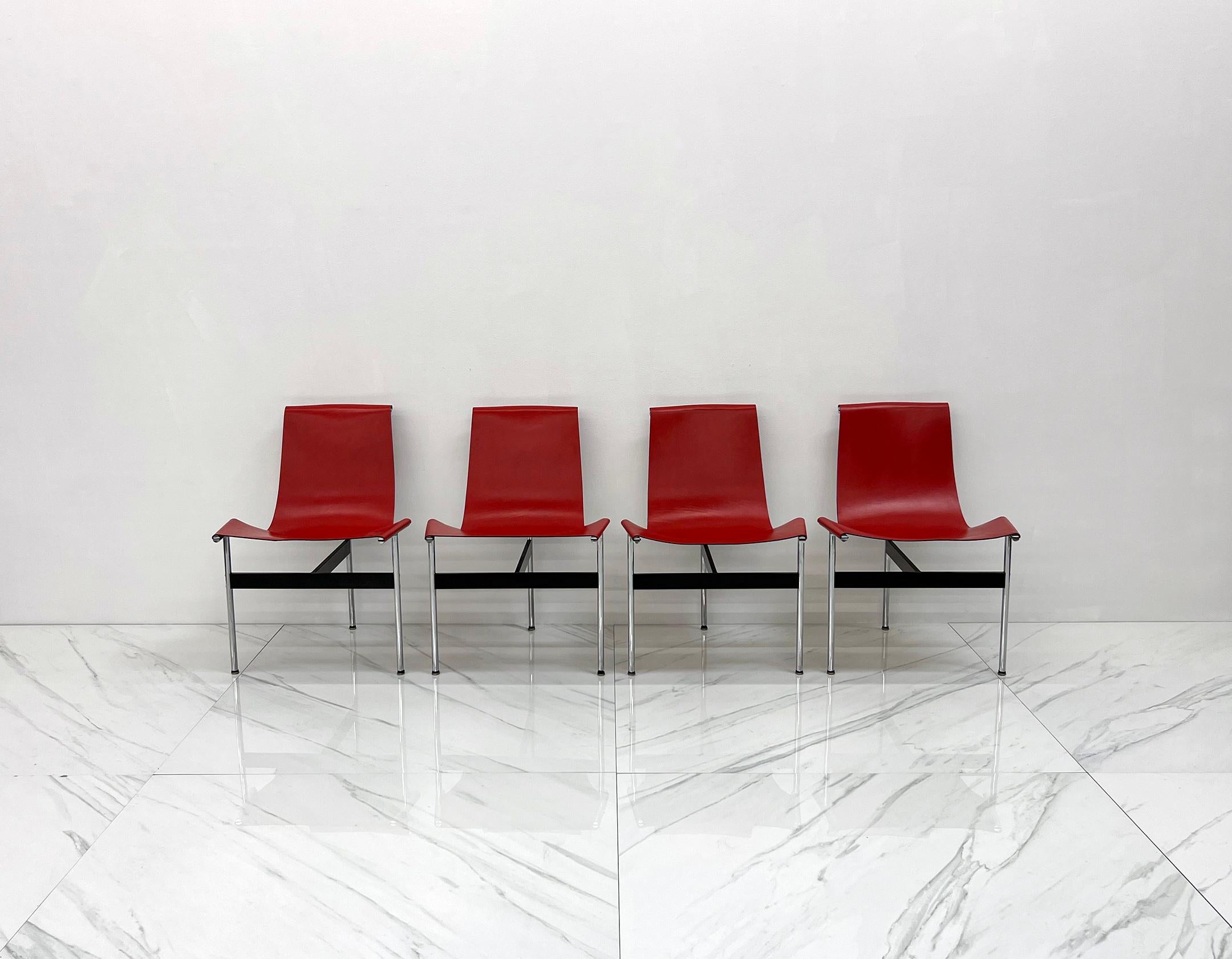 Available right now we have a set of 4 red leather, buttery soft, oh-so stylish Katavolos, Kelley and Littell sling chairs for Laverne, 1960s. These iconic chairs feature a black T bracket, polished steel legs, and red leather sling seat. These