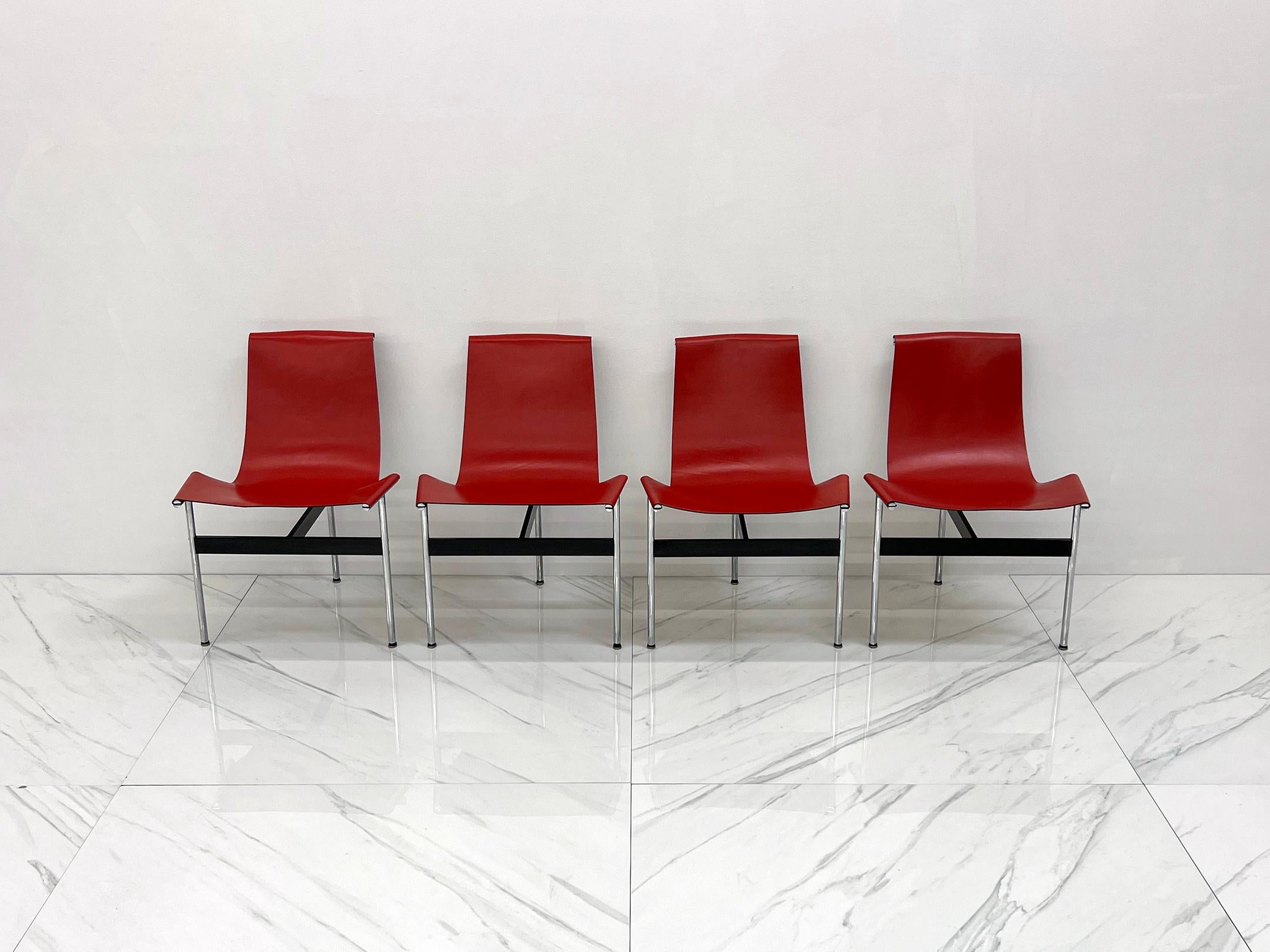 Mid-Century Modern Set of Four Red Leather T Chairs, Katavolos & Littell & Kelley For Sale
